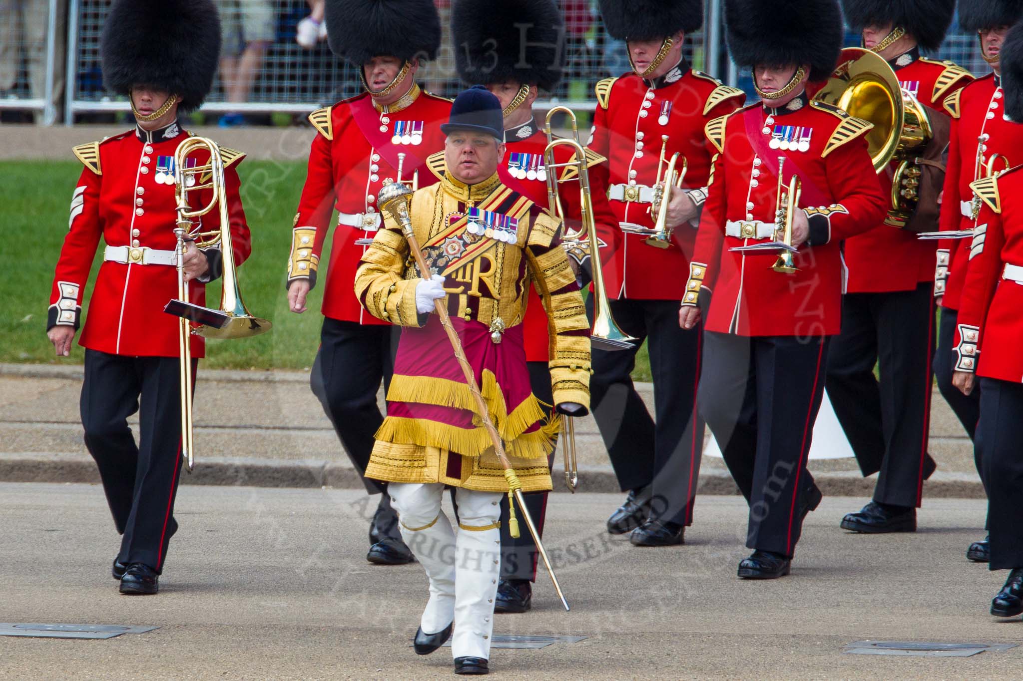 The Colonel's Review 2013: Drum Major Stephen Staite, Grenadier Guards, leading the Band of the Scots Guards onto Horse Guards Parade..
Horse Guards Parade, Westminster,
London SW1,

United Kingdom,
on 08 June 2013 at 10:25, image #92
