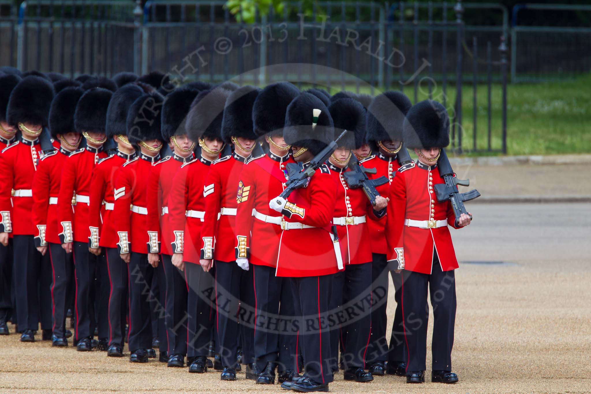 The Colonel's Review 2013: No. 3 Guard, 1st Battalion Welsh Guards, getting into position on Horse Guards Parade..
Horse Guards Parade, Westminster,
London SW1,

United Kingdom,
on 08 June 2013 at 10:28, image #106