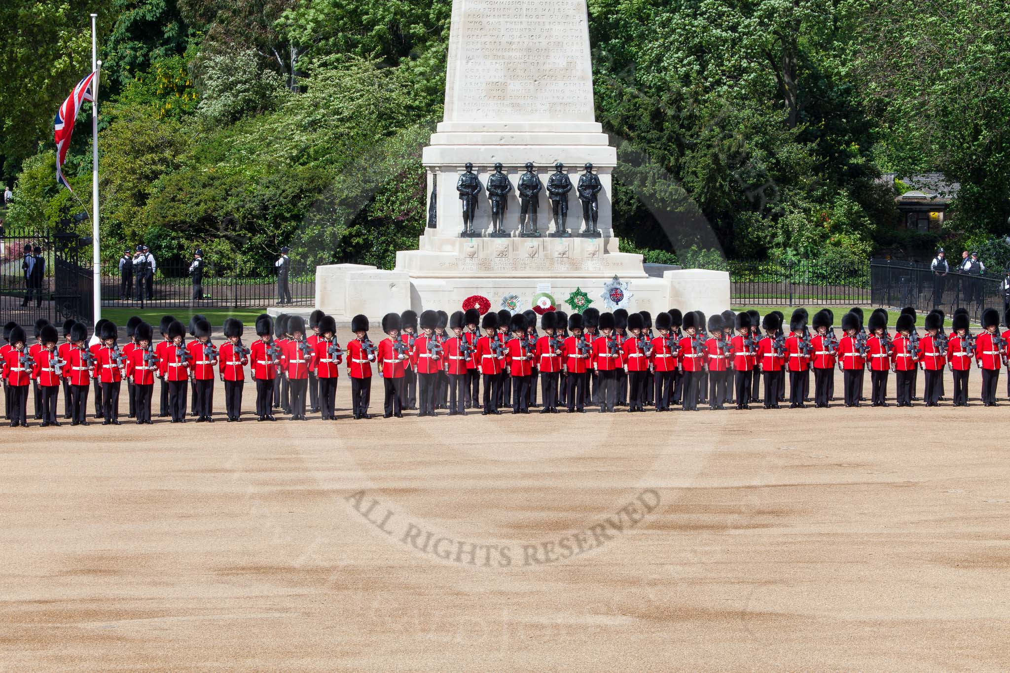 The Colonel's Review 2013: Welsh Guards standing in front of the Guards Memorial..
Horse Guards Parade, Westminster,
London SW1,

United Kingdom,
on 08 June 2013 at 10:39, image #184