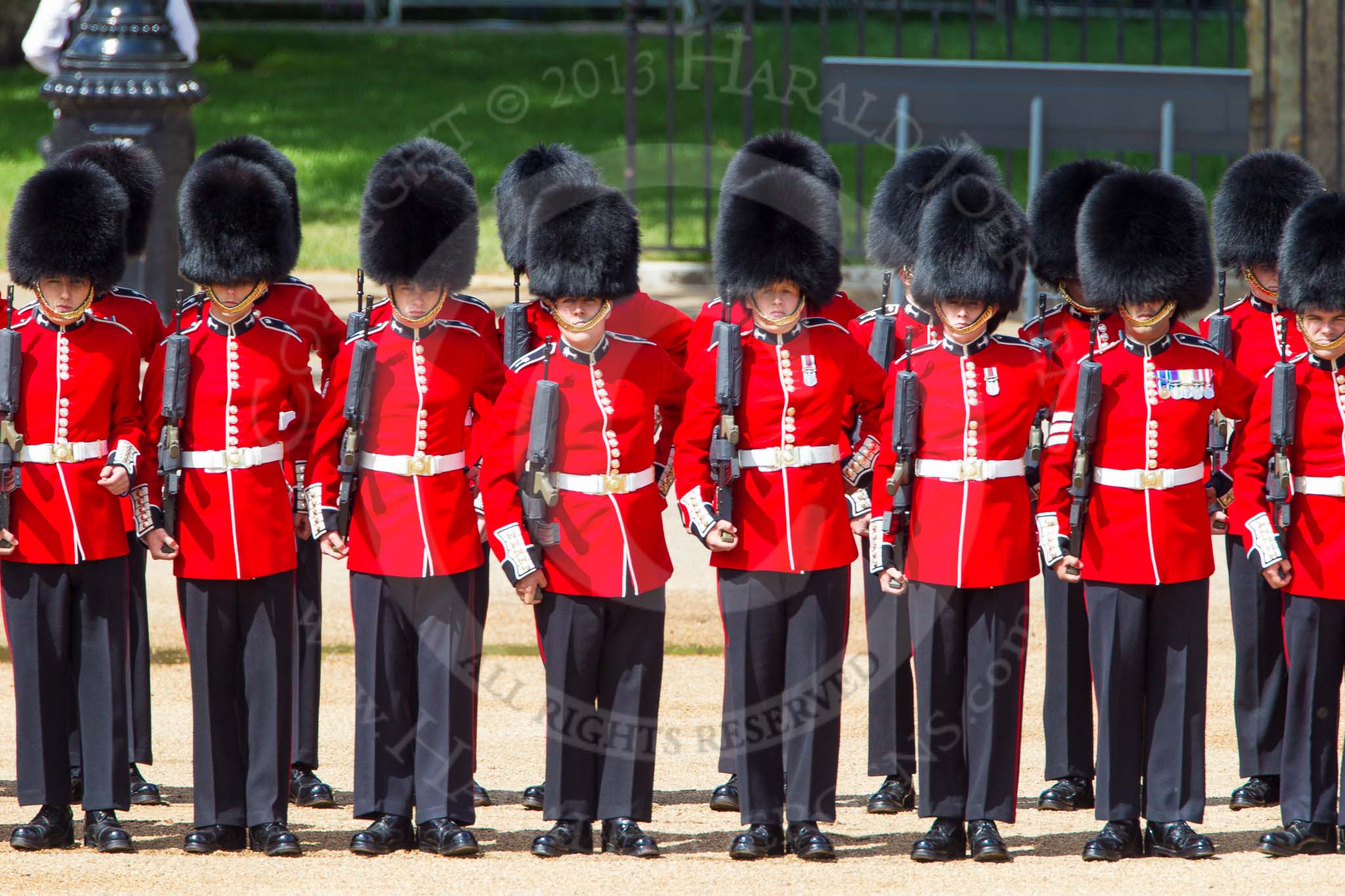 The Colonel's Review 2013: No. 2 Guard, 1 st Battalion Welsh Guards are mounting their bayonets..
Horse Guards Parade, Westminster,
London SW1,

United Kingdom,
on 08 June 2013 at 10:43, image #205