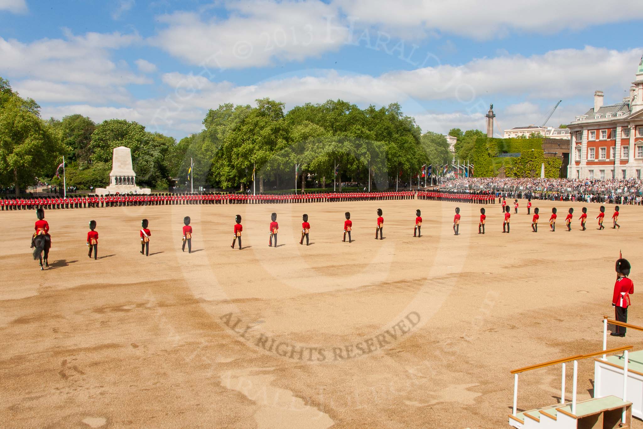 The Colonel's Review 2013: The eighteen officers are marching back towards their Guards, with the Major of the Parade on their left..
Horse Guards Parade, Westminster,
London SW1,

United Kingdom,
on 08 June 2013 at 10:41, image #193