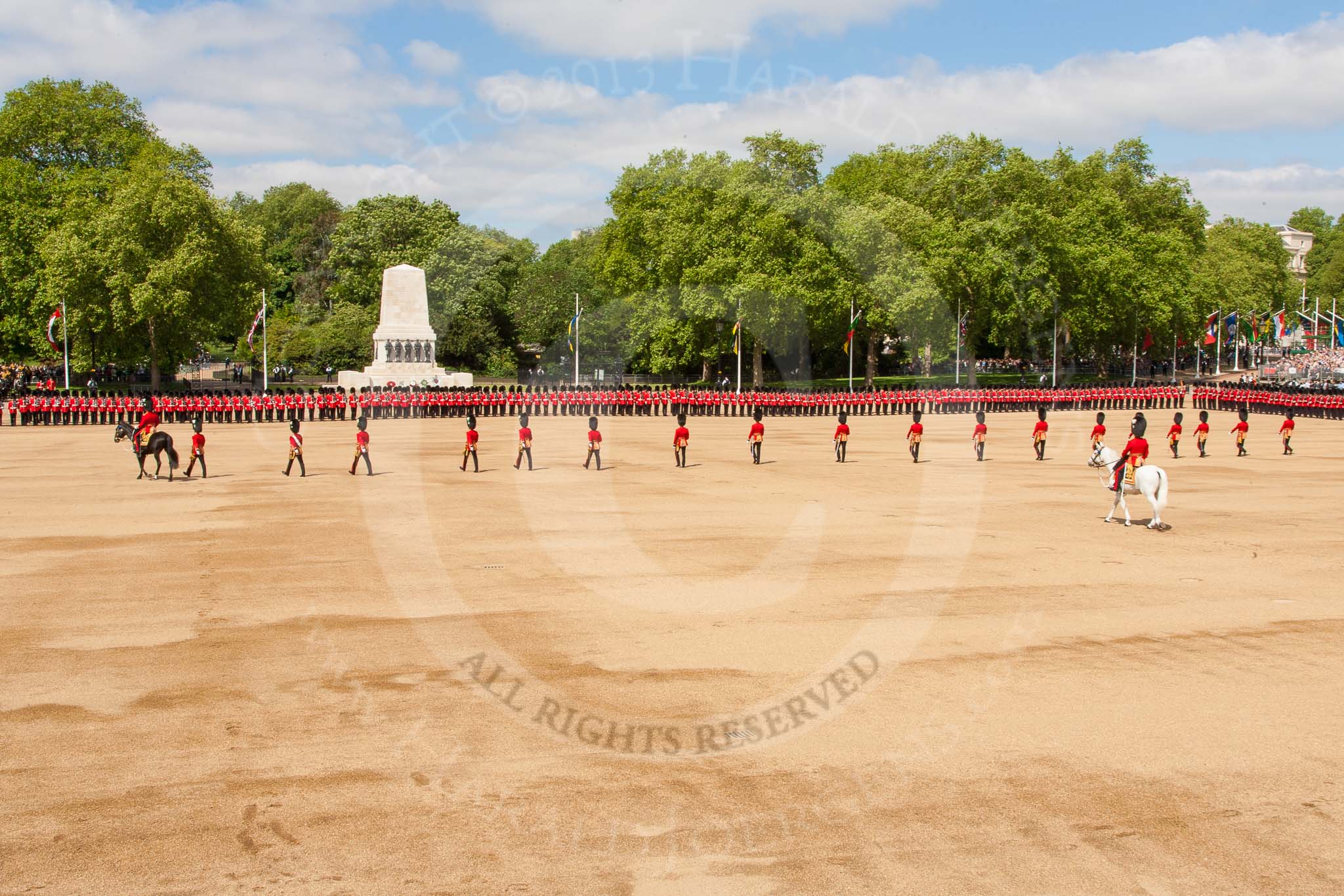 The Colonel's Review 2013: The eighteen officers are marching back towards their Guards, with the Major of the Parade on their left and the Adjutant of the Parade behind..
Horse Guards Parade, Westminster,
London SW1,

United Kingdom,
on 08 June 2013 at 10:41, image #195