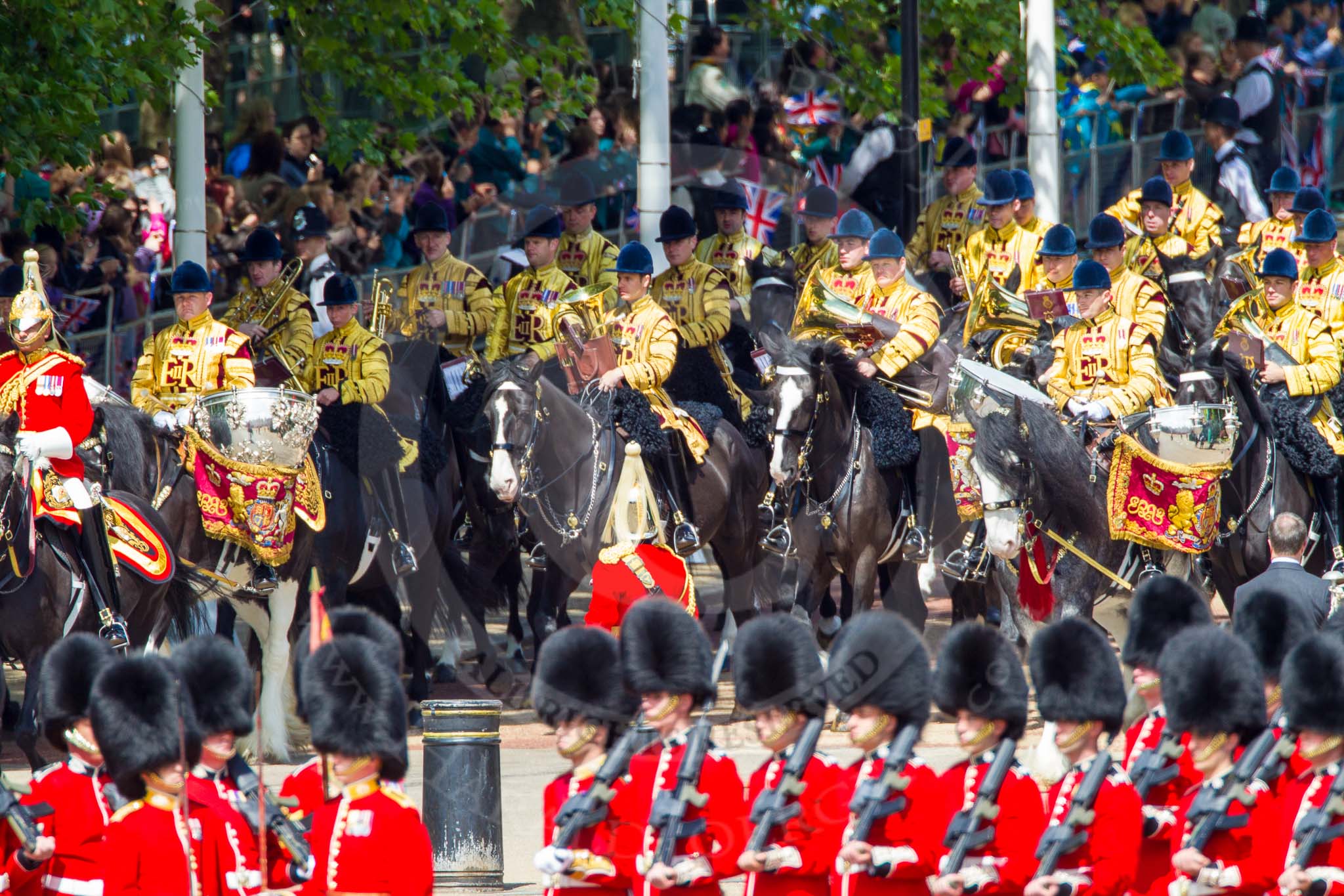 The Colonel's Review 2013: The Mounted Bands of the Household Cavalry are marching down Horse Guards Road as the third element of the Royal Procession..
Horse Guards Parade, Westminster,
London SW1,

United Kingdom,
on 08 June 2013 at 10:57, image #251
