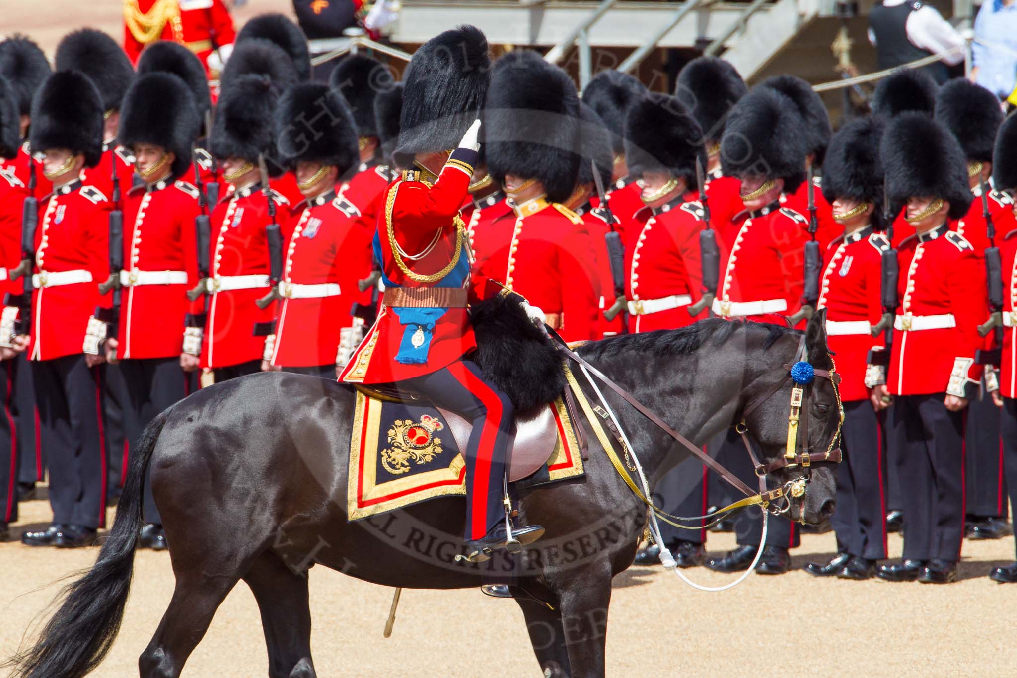 The Colonel's Review 2013: HRH The Prince of Wales, Colonel Welsh Guards saluting the Colour during the Inspection of the Line..
Horse Guards Parade, Westminster,
London SW1,

United Kingdom,
on 08 June 2013 at 11:03, image #355