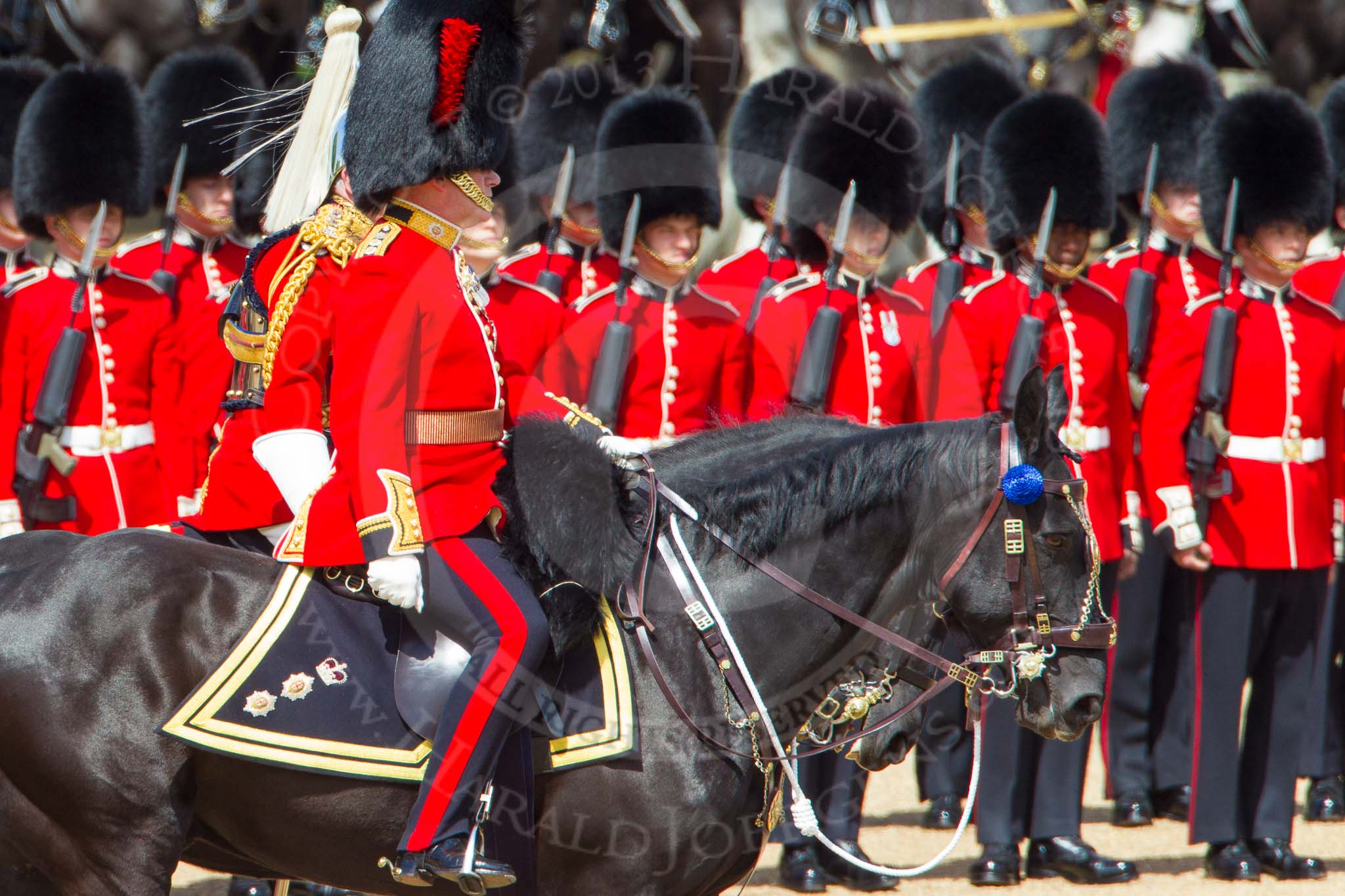 The Colonel's Review 2013: The Non-Royal Colonels, Colonel Coldstream Guards General Sir James Bucknall and Gold Stick in Waiting and Colonel Life Guards, Field Marshal the Lord Guthrie of Craigiebank,  during the Inspection of the Line..
Horse Guards Parade, Westminster,
London SW1,

United Kingdom,
on 08 June 2013 at 11:04, image #365