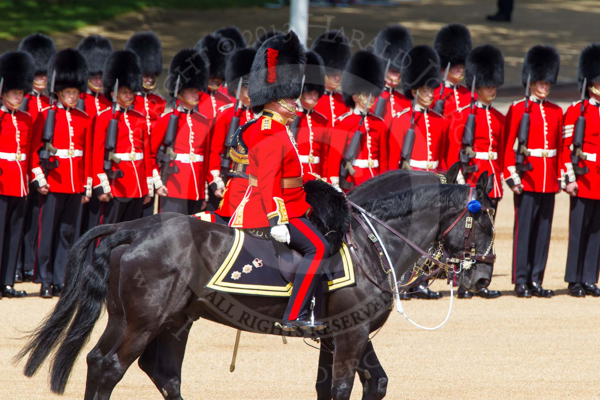 The Colonel's Review 2013: The Non-Royal Colonels, Colonel Coldstream Guards General Sir James Bucknall and Gold Stick in Waiting and Colonel Life Guards, Field Marshal the Lord Guthrie of Craigiebank,  during the Inspection of the Line..
Horse Guards Parade, Westminster,
London SW1,

United Kingdom,
on 08 June 2013 at 11:04, image #366