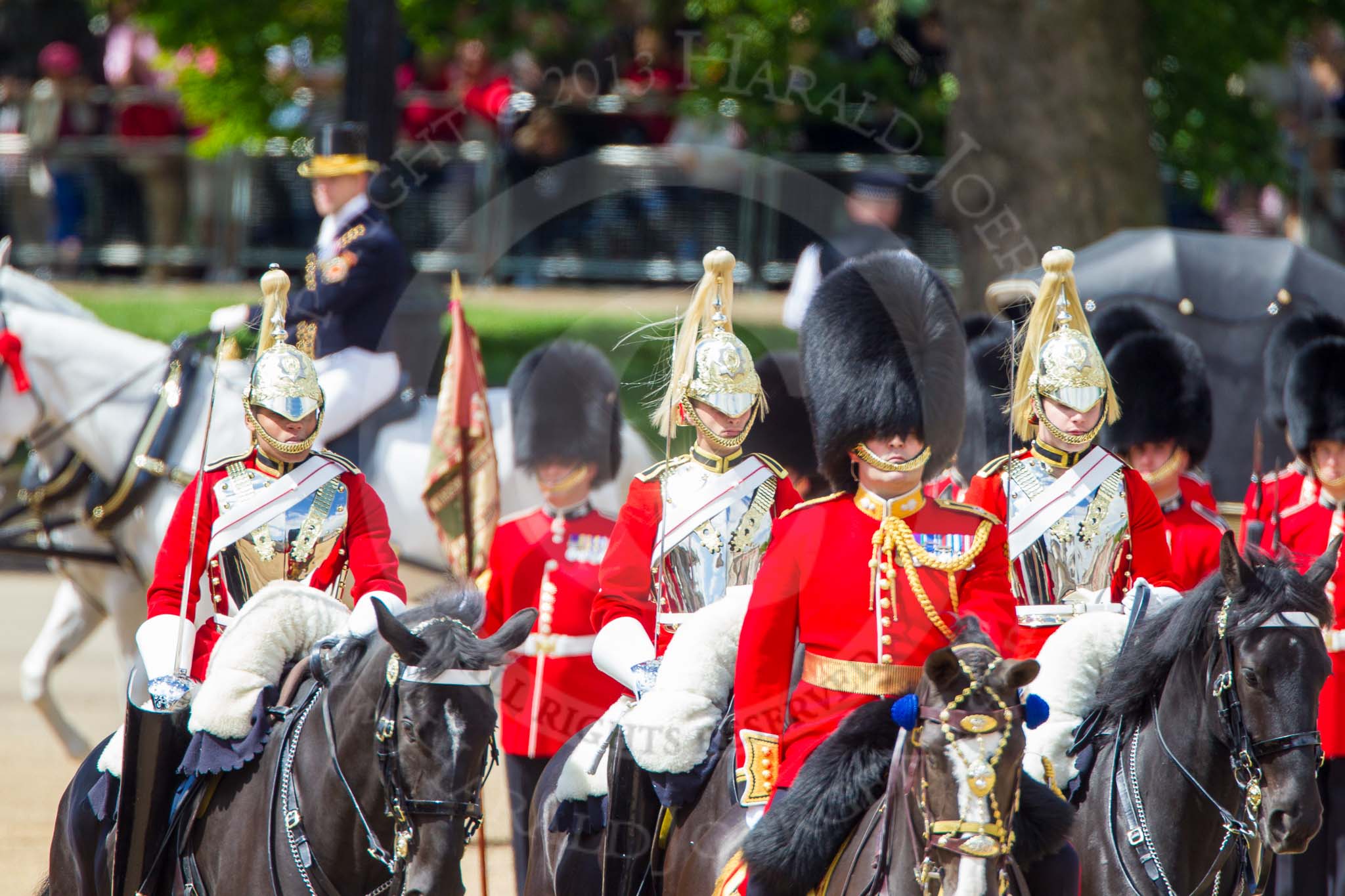 The Colonel's Review 2013: The Brigade Major Household Division Lieutenant Colonel Simon Soskin, Grenadier Guards, followed by the four Troopers of The Life Guard, after the Inspection of the Line..
Horse Guards Parade, Westminster,
London SW1,

United Kingdom,
on 08 June 2013 at 11:05, image #379