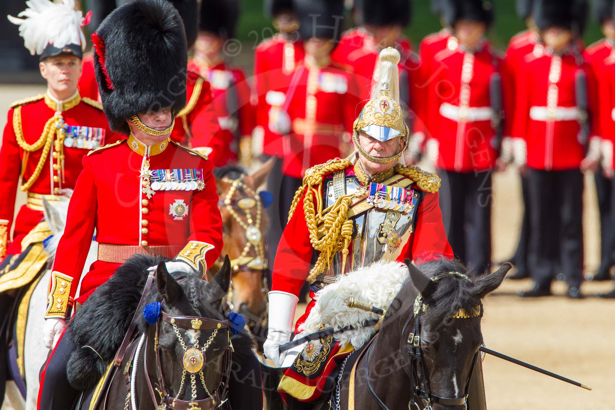 The Colonel's Review 2013: The Non-Royal Colonels, Colonel Coldstream Guards General Sir James Bucknall and Gold Stick in Waiting and Colonel Life Guards, Field Marshal the Lord Guthrie of Craigiebank..
Horse Guards Parade, Westminster,
London SW1,

United Kingdom,
on 08 June 2013 at 11:06, image #403