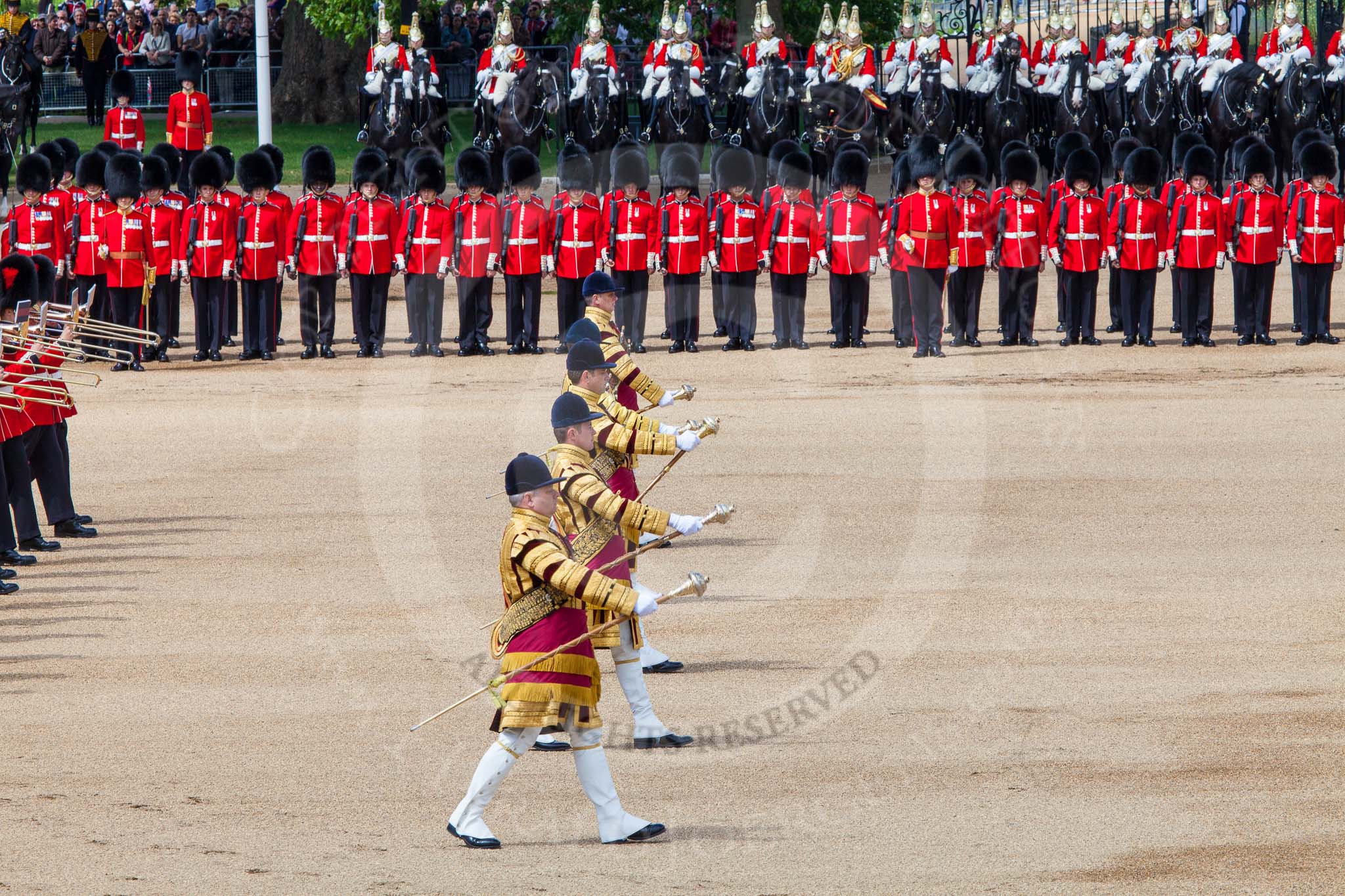 The Colonel's Review 2013: The Massed Band Troop begins with the slow march - the Waltz from Les Huguenots. The Field Officer, and behind him the Third and Fourth Division of the Sovereign's Escort, The Blues and Royals, can be seen on top of the image..
Horse Guards Parade, Westminster,
London SW1,

United Kingdom,
on 08 June 2013 at 11:08, image #424
