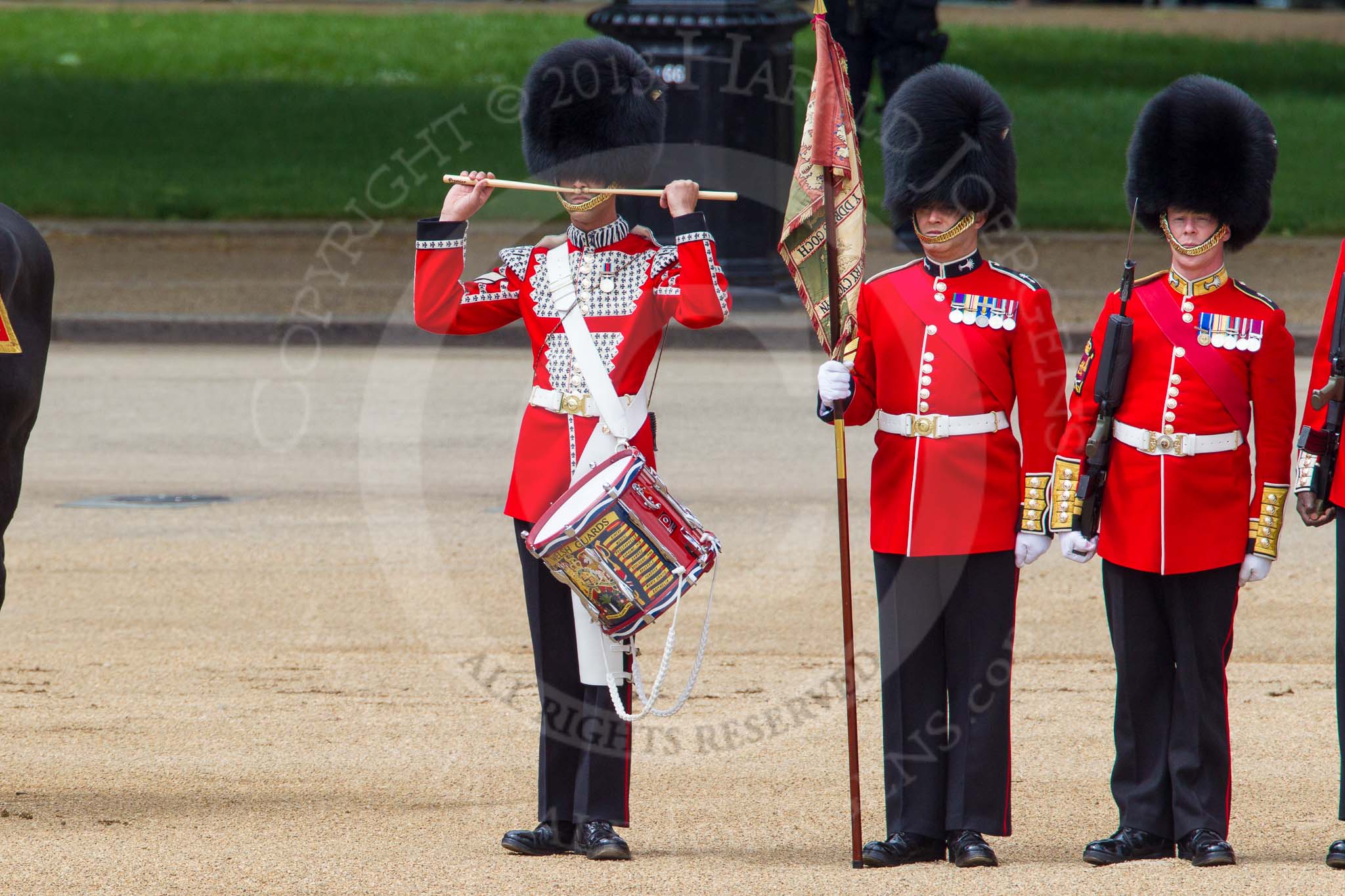 The Colonel's Review 2013: The "Lone Drummer", Lance Corporal Christopher Rees, salutes with his drumsticks before re-joining the band..
Horse Guards Parade, Westminster,
London SW1,

United Kingdom,
on 08 June 2013 at 11:14, image #468
