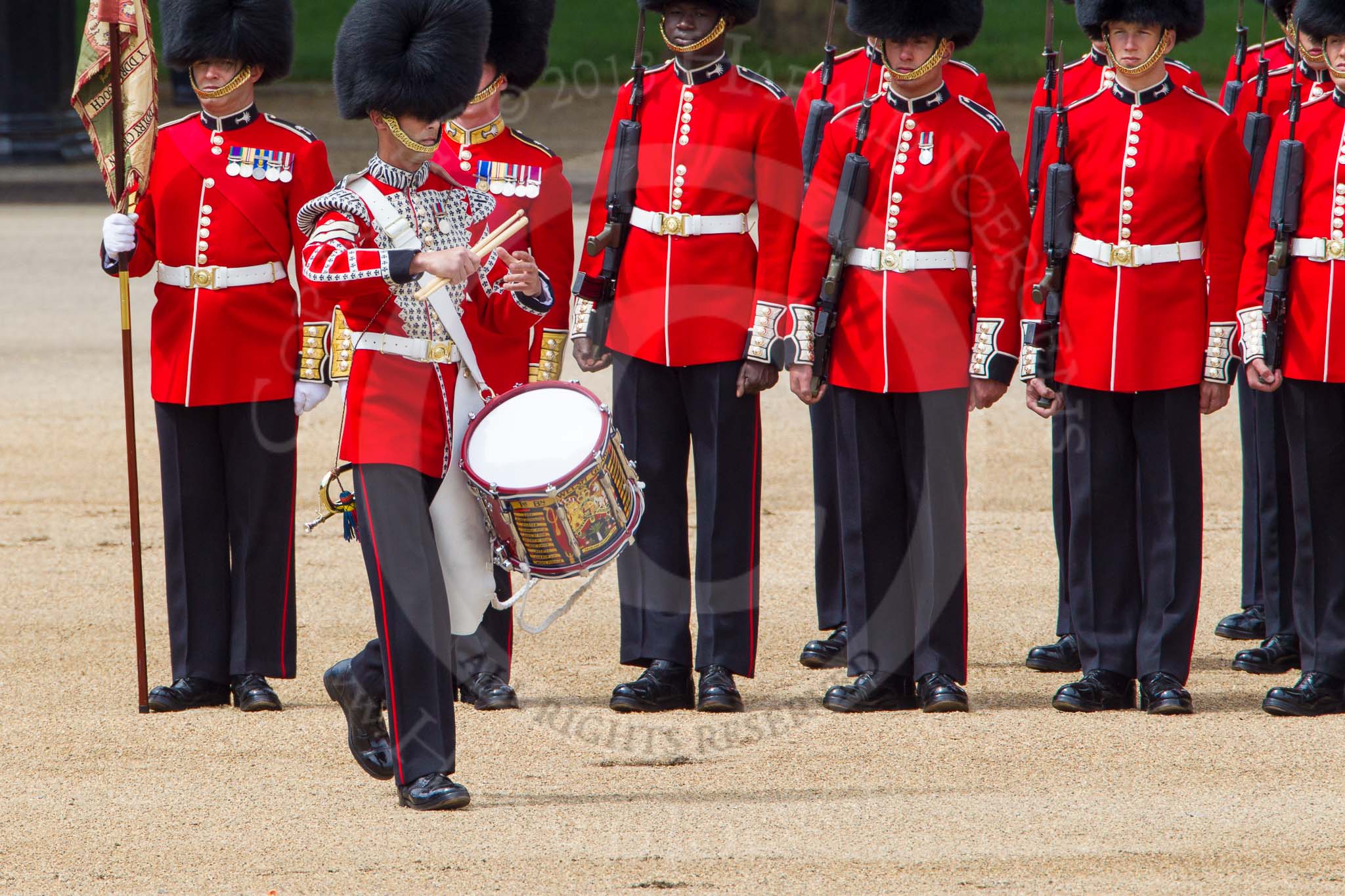 The Colonel's Review 2013: The "Lone Drummer", Lance Corporal Christopher Rees,  marches forward to re-join the band..
Horse Guards Parade, Westminster,
London SW1,

United Kingdom,
on 08 June 2013 at 11:15, image #471