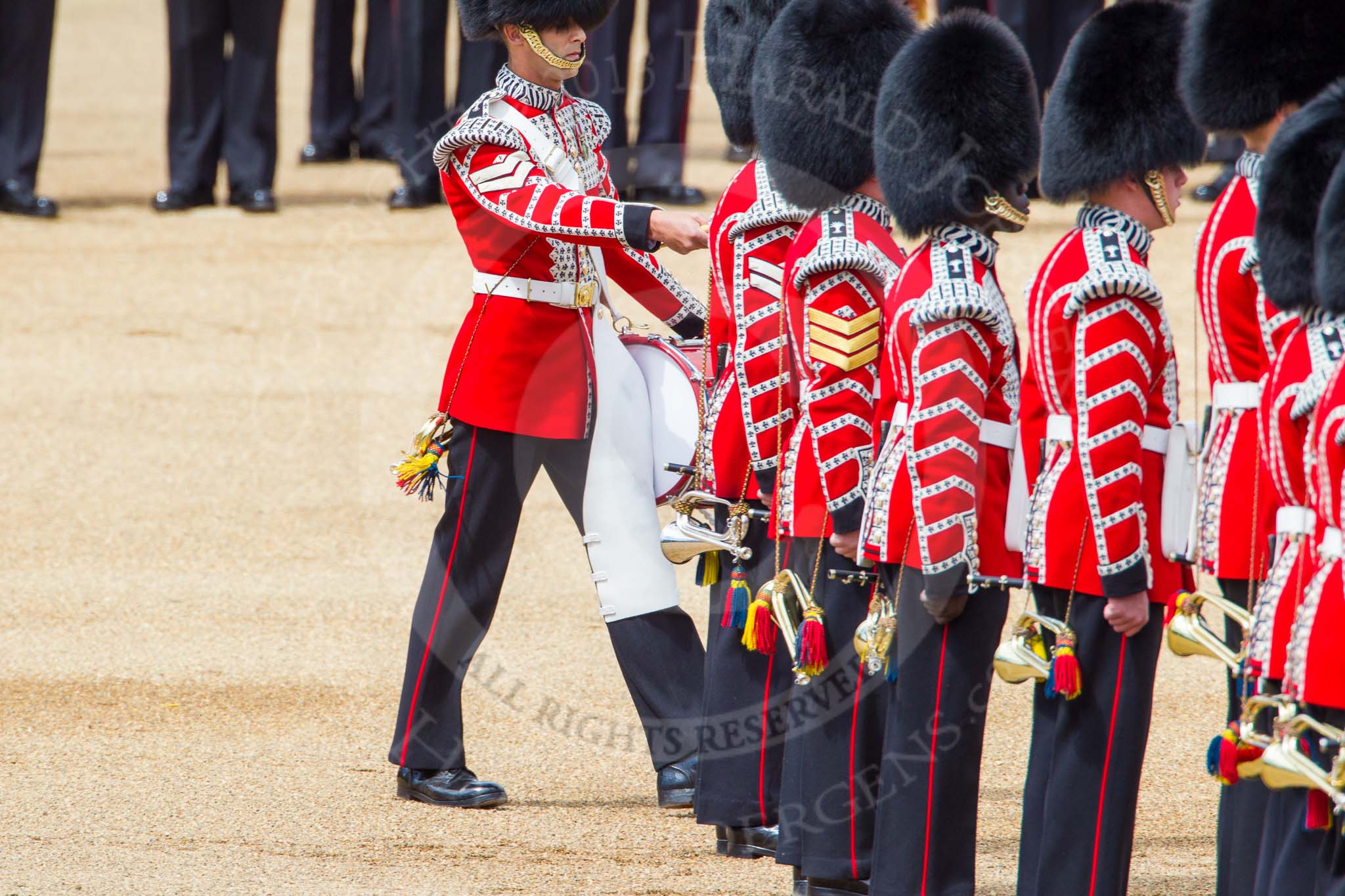 The Colonel's Review 2013: The "Lone Drummer", Lance Corporal Christopher Rees,  marches forward to re-join the band..
Horse Guards Parade, Westminster,
London SW1,

United Kingdom,
on 08 June 2013 at 11:15, image #477