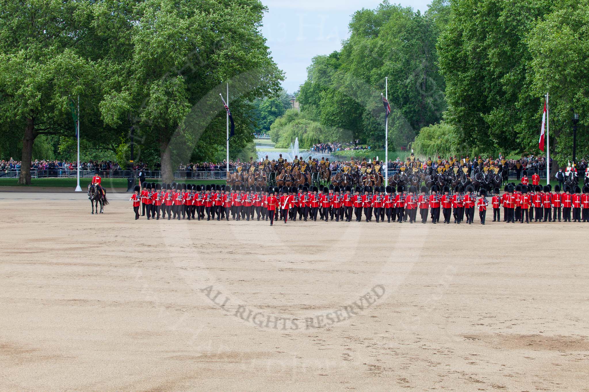The Colonel's Review 2013: No. 1 Guard (Escort for the Colour),1st Battalion Welsh Guards is moving forward to receive the Colour..
Horse Guards Parade, Westminster,
London SW1,

United Kingdom,
on 08 June 2013 at 11:16, image #482