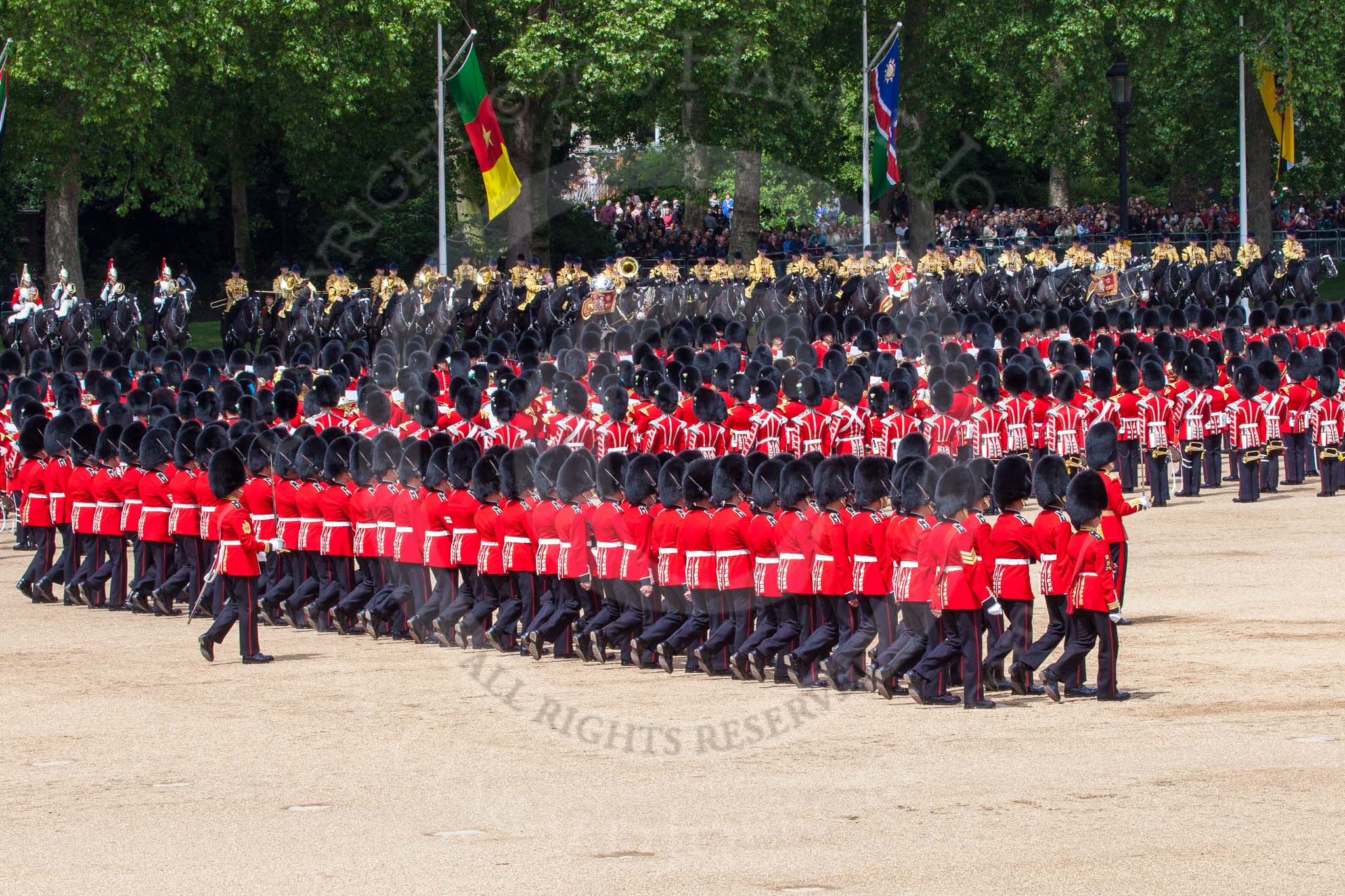 The Colonel's Review 2013: No. 1 Guard (Escort for the Colour),1st Battalion Welsh Guards is about to reveive the Colour. In front the Ensign, Second Lieutenant Joel Dinwiddle, and the Subaltern, Captain F O Lloyd-George. Behind No. 1 Guard the Regimental Sergeant Major, WO1 Martin Topps, Welsh Guards..
Horse Guards Parade, Westminster,
London SW1,

United Kingdom,
on 08 June 2013 at 11:17, image #492