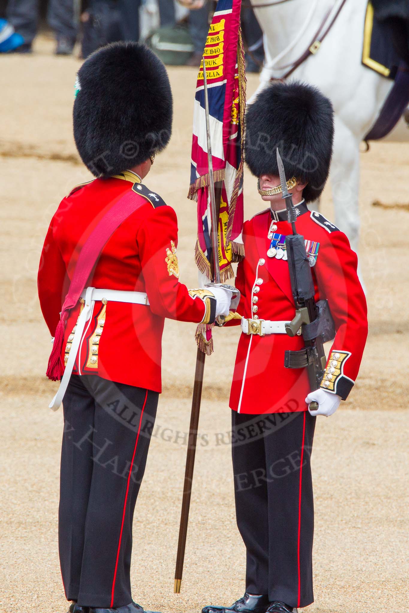 The Colonel's Review 2013: No. 1 Guard the Regimental Sergeant Major, WO1 Martin Topps, Welsh Guards saluting the Colour with his sword..
Horse Guards Parade, Westminster,
London SW1,

United Kingdom,
on 08 June 2013 at 11:19, image #504