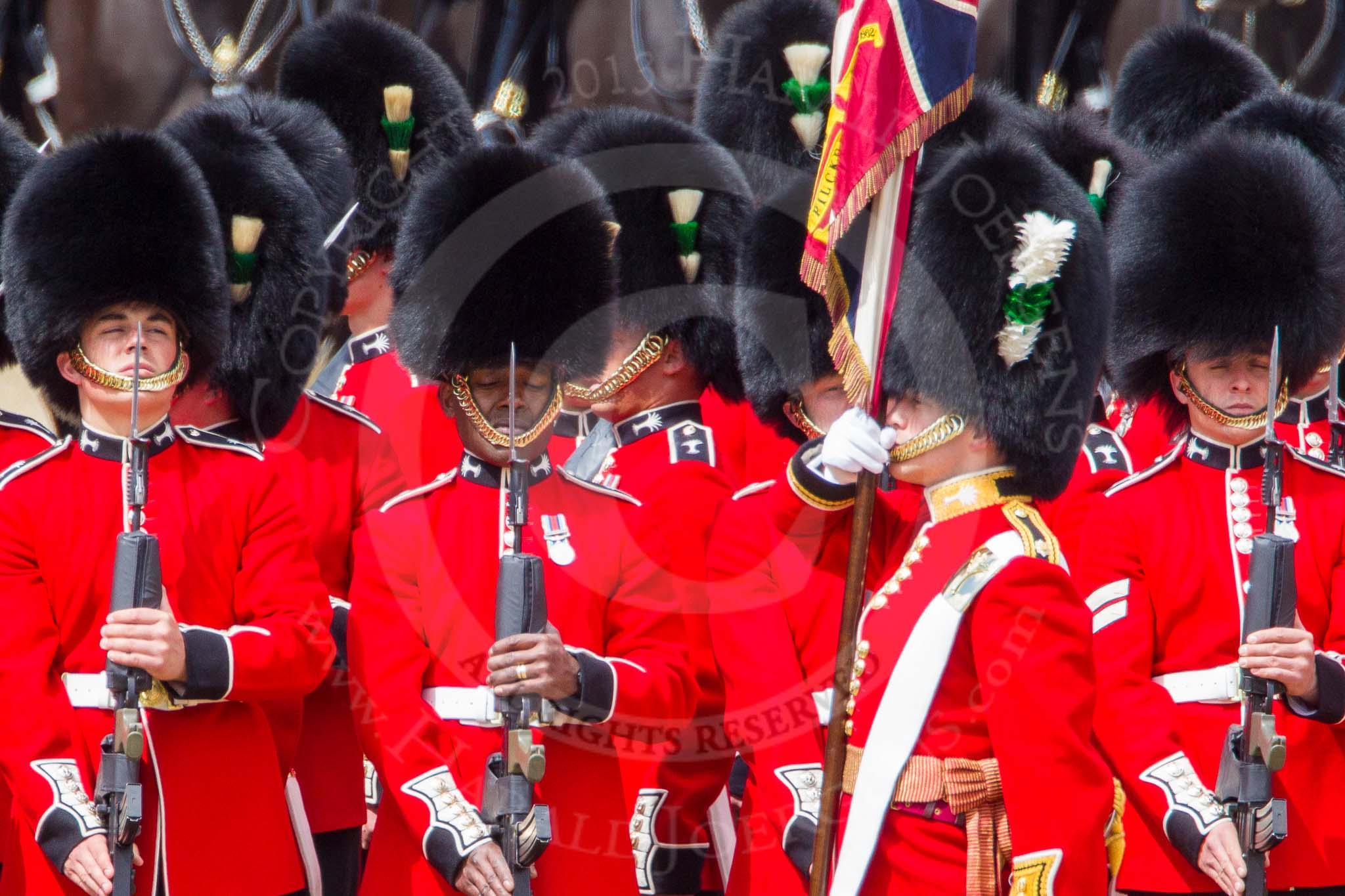 The Colonel's Review 2013: The Ensign troops the Colour along No. 3 Guard, 1st Battalion Welsh Guards..
Horse Guards Parade, Westminster,
London SW1,

United Kingdom,
on 08 June 2013 at 11:25, image #578