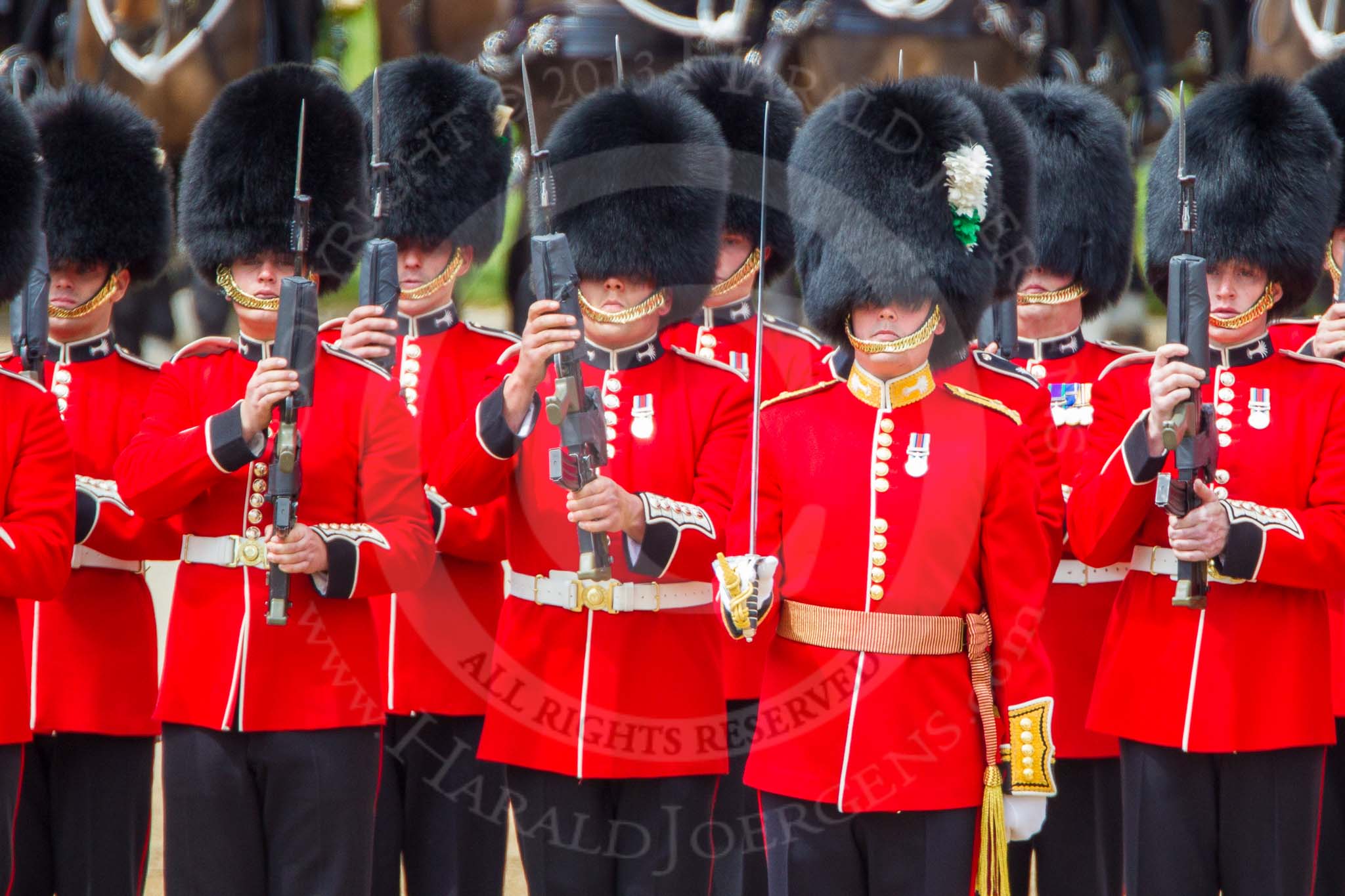 The Colonel's Review 2013: Captain F O Lloyd-George gives the orders for No. 1 Guard (Escort to the Colour),1st Battalion Welsh Guards..
Horse Guards Parade, Westminster,
London SW1,

United Kingdom,
on 08 June 2013 at 11:26, image #587