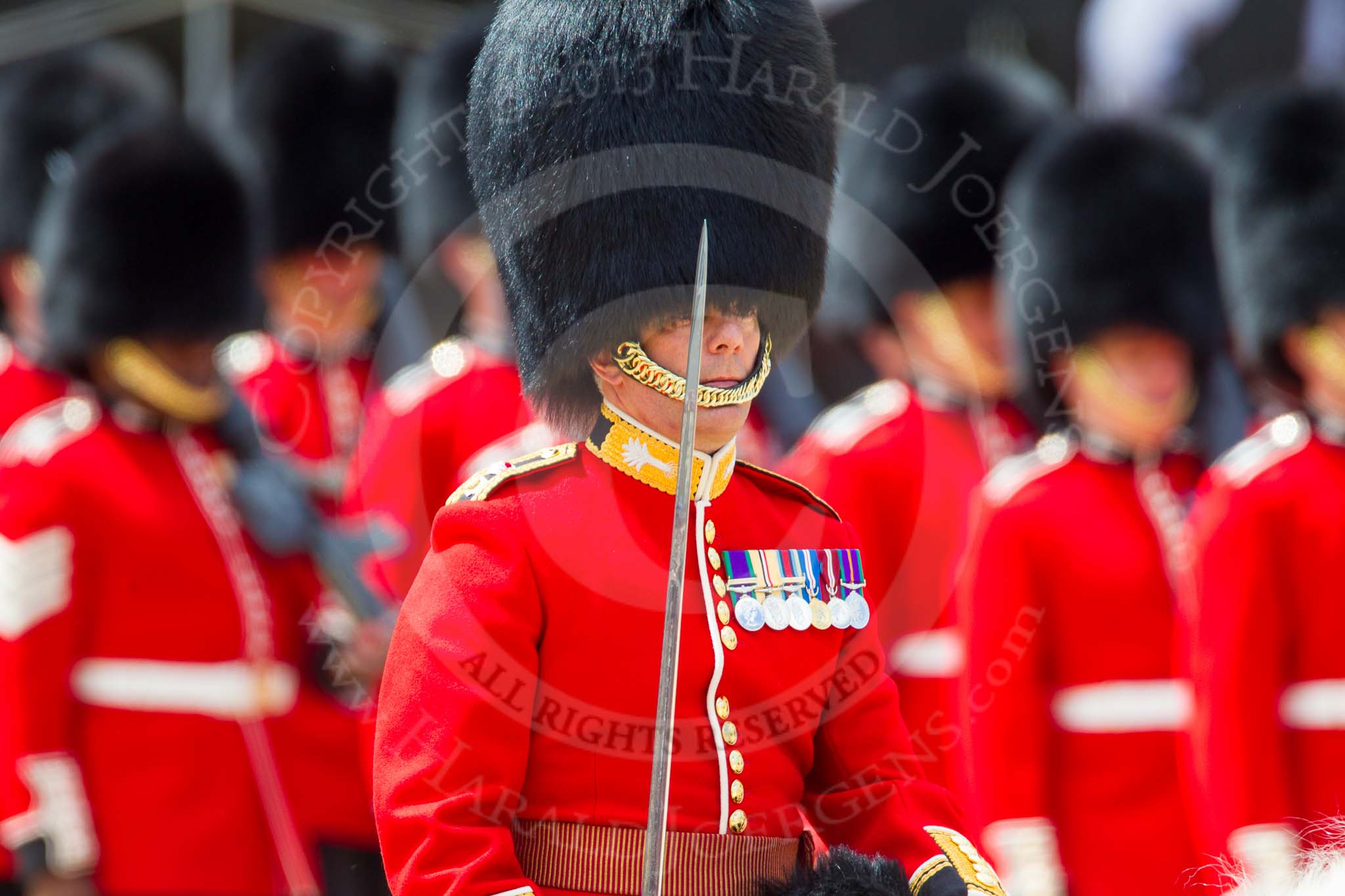 The Colonel's Review 2013: A close-up of the Field Officer in Brigade Waiting, Lieutenant Colonel Dino Bossi, Welsh Guards, with his word drawn, during the March Past..
Horse Guards Parade, Westminster,
London SW1,

United Kingdom,
on 08 June 2013 at 11:32, image #621