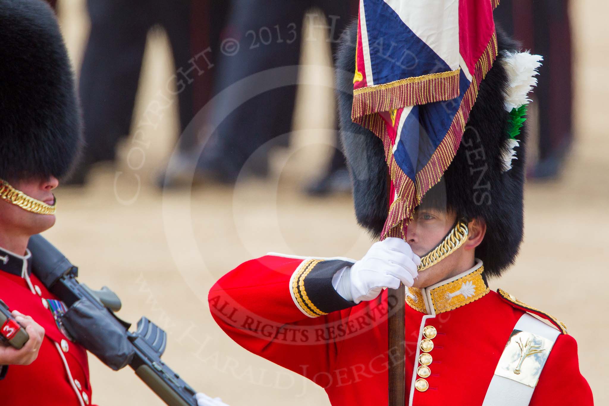 The Colonel's Review 2013: Close-up of the Ensign, Second Lieutenant Joel Dinwiddle, carrying the Colour during the March Past..
Horse Guards Parade, Westminster,
London SW1,

United Kingdom,
on 08 June 2013 at 11:33, image #629