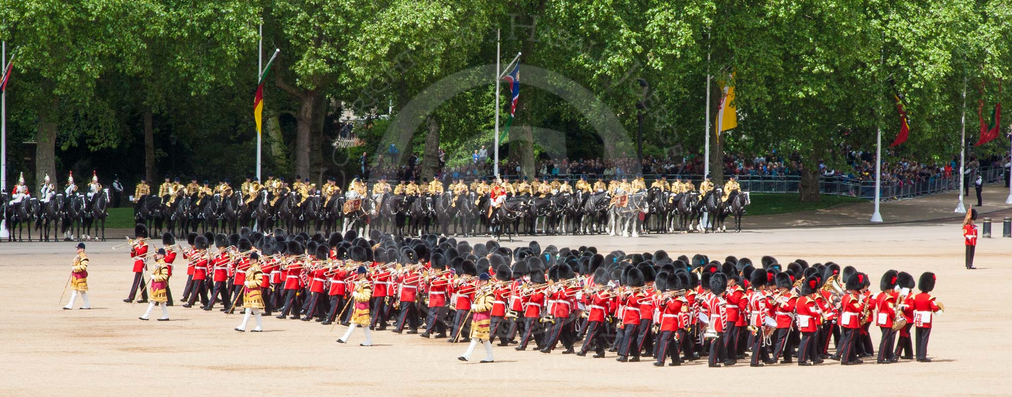 The Colonel's Review 2013: The Massed Bands, led by the five Drum Majors, during the March Past..
Horse Guards Parade, Westminster,
London SW1,

United Kingdom,
on 08 June 2013 at 11:32, image #617