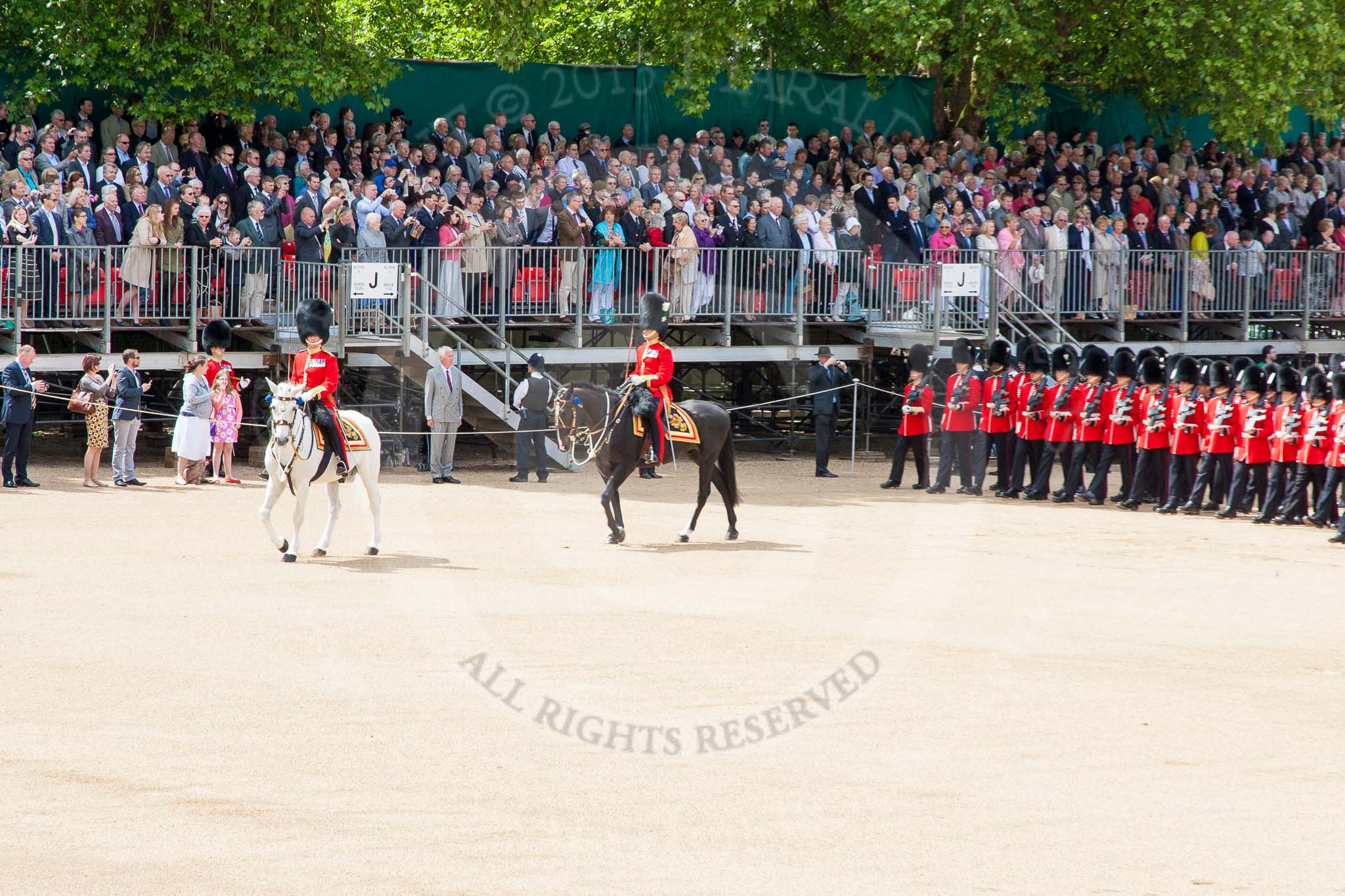 The Colonel's Review 2013: The Field Officer in Brigade Waiting, Lieutenant Colonel Dino Bossi, Welsh Guards, and the Major of the Parade, Major H G C Bettinson, Welsh Guards, leading the March Past..
Horse Guards Parade, Westminster,
London SW1,

United Kingdom,
on 08 June 2013 at 11:32, image #619