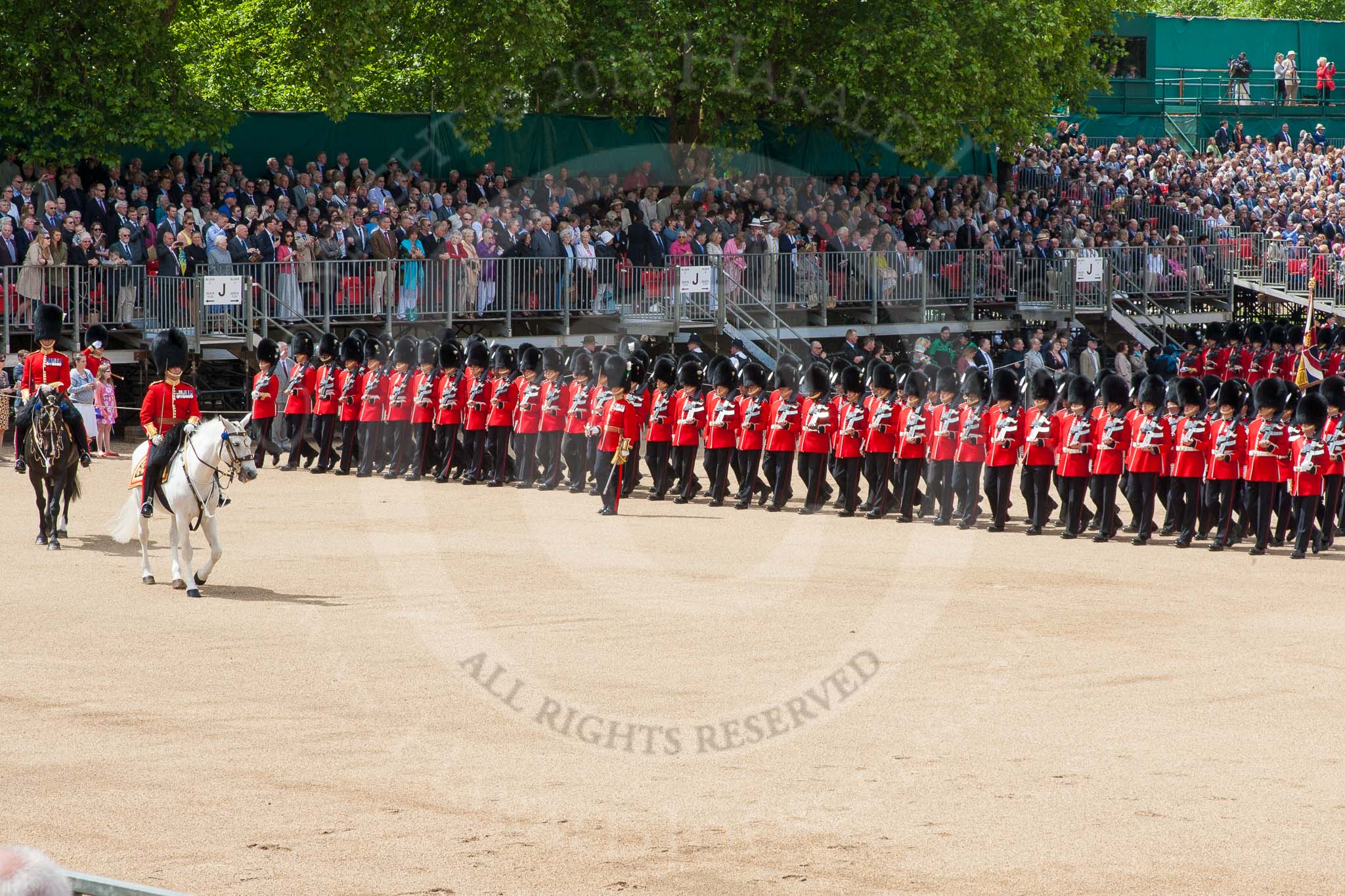 The Colonel's Review 2013: The Field Officer in Brigade Waiting, Lieutenant Colonel Dino Bossi, Welsh Guards, and the Major of the Parade, Major H G C Bettinson, Welsh Guards, leading the March Past..
Horse Guards Parade, Westminster,
London SW1,

United Kingdom,
on 08 June 2013 at 11:32, image #620