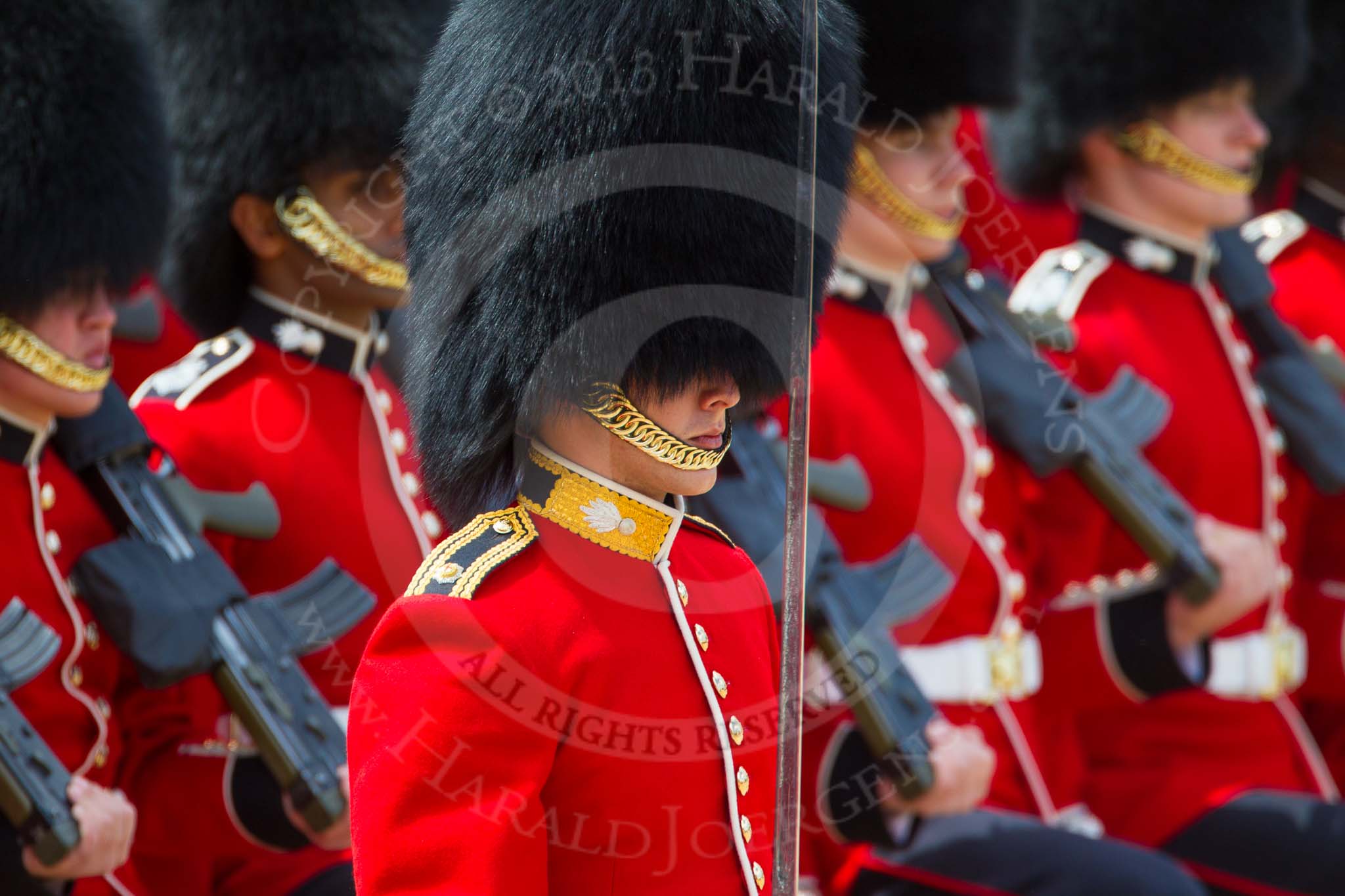 The Colonel's Review 2013: No. 4 Guard, Nijmegen Company Grenadier Guards, during the March Past, in front, with his sword drawn, Second Lieutenant D R Wellham..
Horse Guards Parade, Westminster,
London SW1,

United Kingdom,
on 08 June 2013 at 11:35, image #642