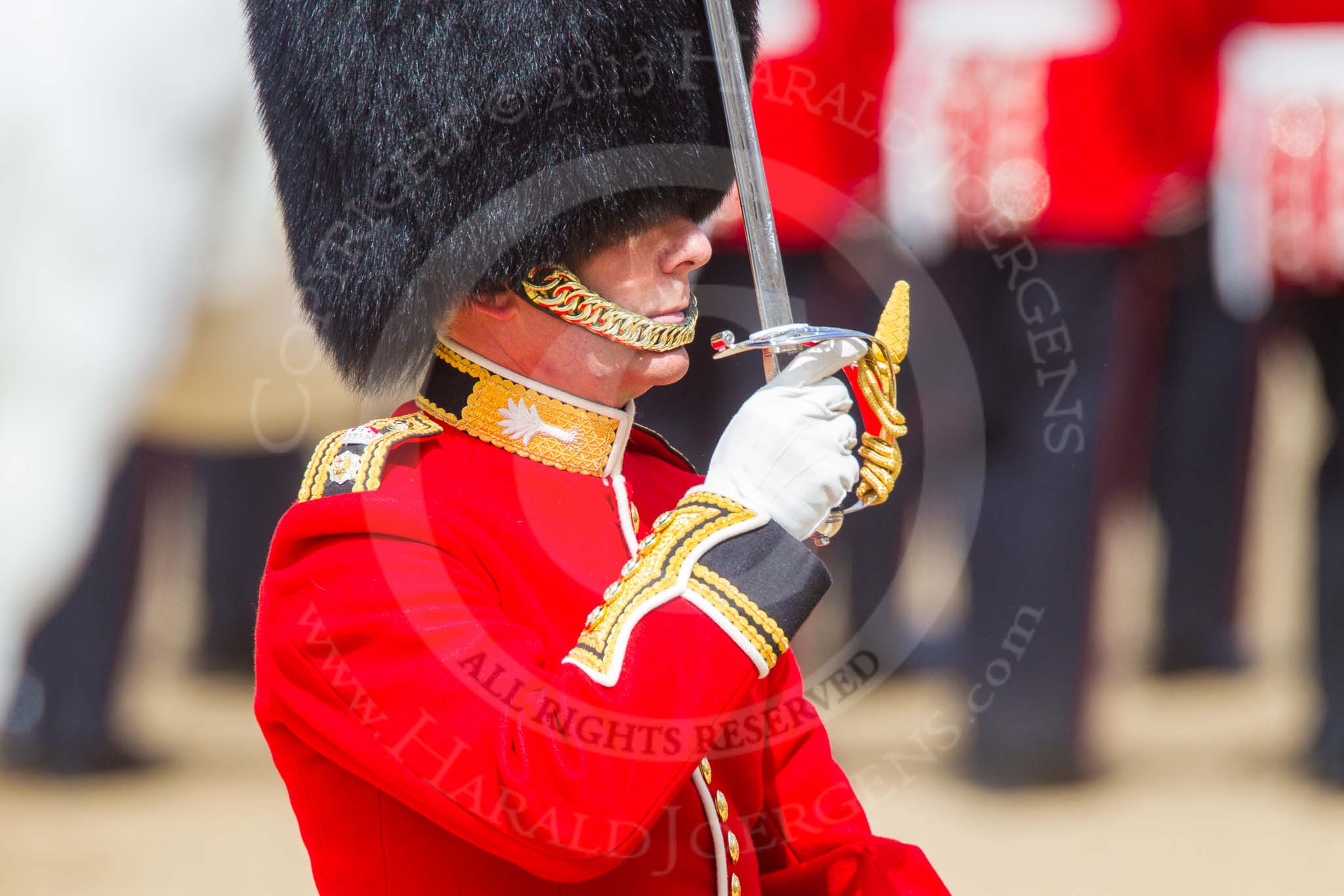 The Colonel's Review 2013: The Field Officer in Brigade Waiting, Lieutenant Colonel Dino Bossi, Welsh Guards, saluting Her Majesty during the March Past..
Horse Guards Parade, Westminster,
London SW1,

United Kingdom,
on 08 June 2013 at 11:37, image #660