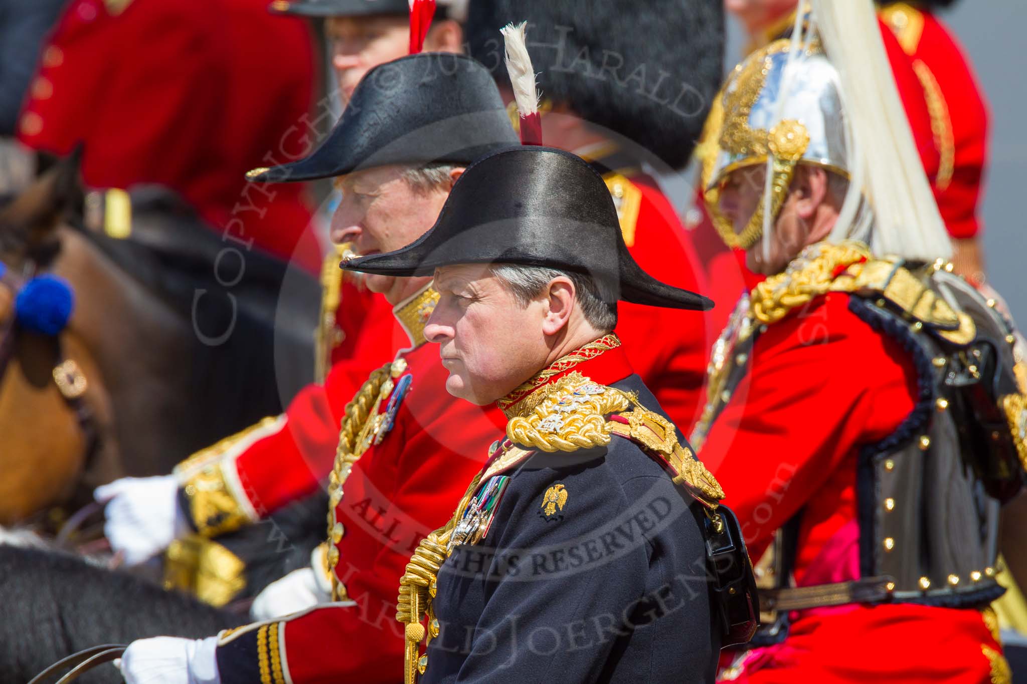 The Colonel's Review 2013: The Equerry in Waiting to Her Majesty, Lieutenant Colonel Alexander Matheson of Matheson, younger, and Crown Equerry Colonel Toby Browne in focus..
Horse Guards Parade, Westminster,
London SW1,

United Kingdom,
on 08 June 2013 at 11:41, image #680