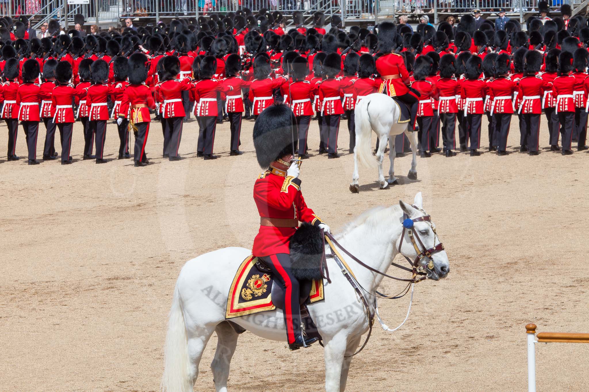 The Colonel's Review 2013: The Field Officer in Brigade Waiting, Lieutenant Colonel Dino Bossi, Welsh Guards, saluting Her Majesty during the March Past in Quick Time..
Horse Guards Parade, Westminster,
London SW1,

United Kingdom,
on 08 June 2013 at 11:45, image #700