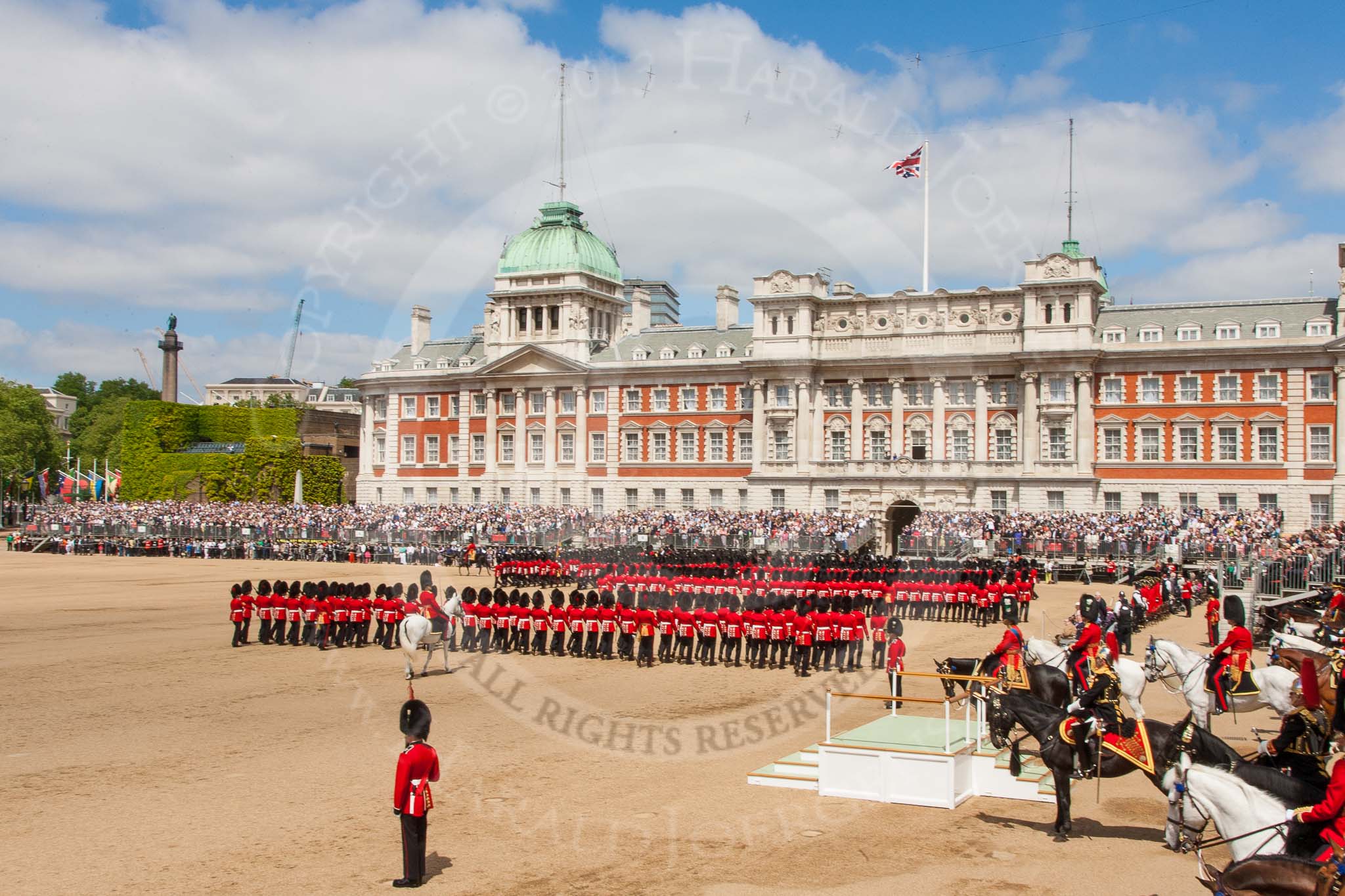 The Colonel's Review 2013: Wide angle overview of Horse Guards Parade during the March Past in Quick Time..
Horse Guards Parade, Westminster,
London SW1,

United Kingdom,
on 08 June 2013 at 11:45, image #698