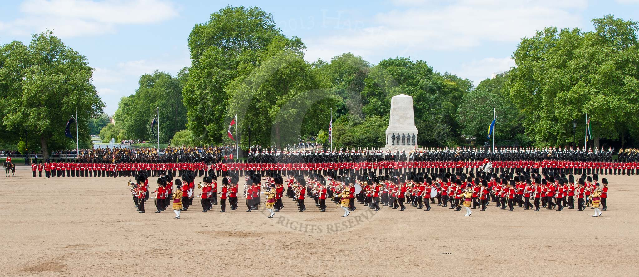 The Colonel's Review 2013: The Massed Band march away to leave room for  the Mounted Bands..
Horse Guards Parade, Westminster,
London SW1,

United Kingdom,
on 08 June 2013 at 11:49, image #714