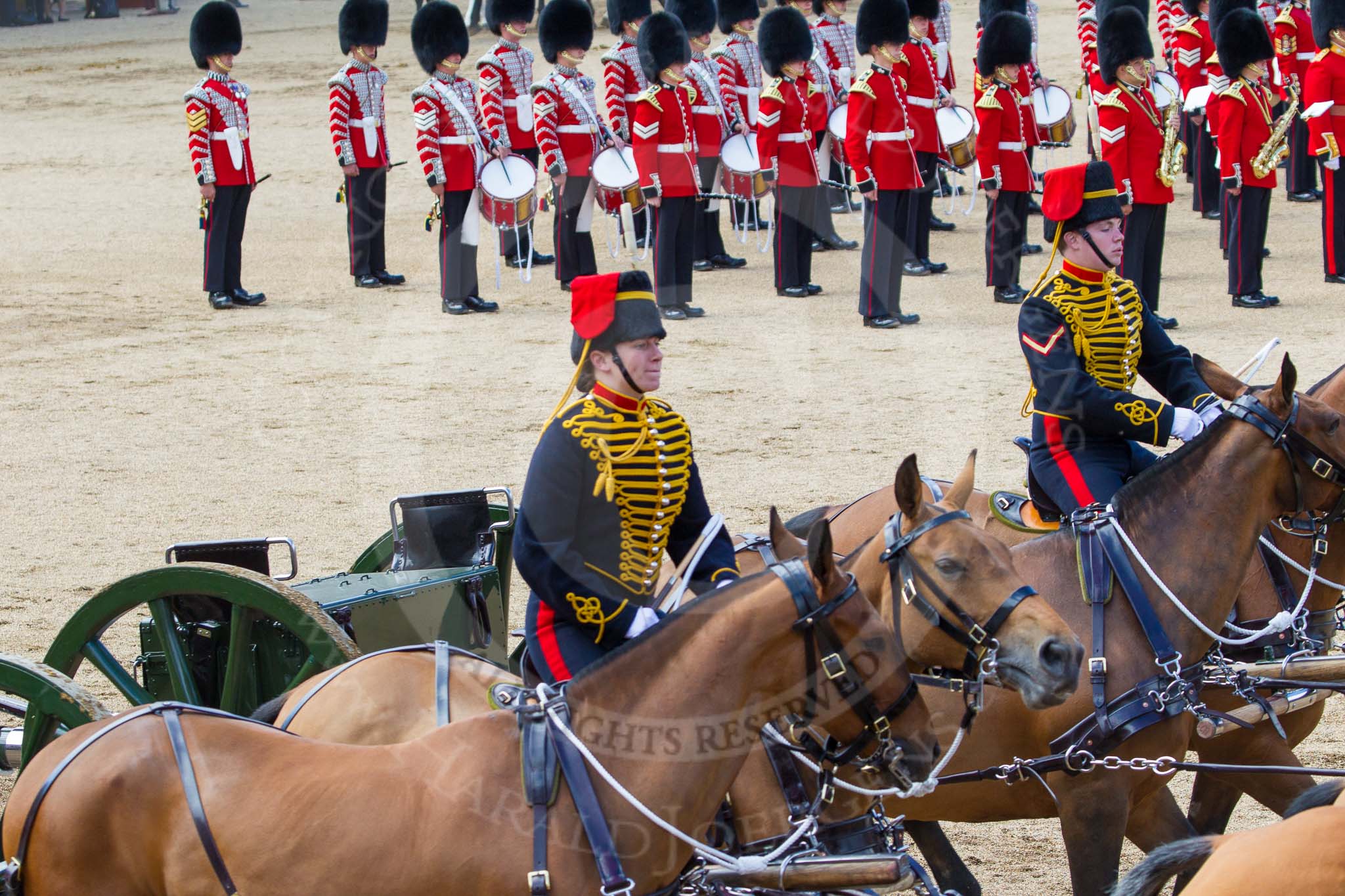 The Colonel's Review 2013: The Ride Past - the King's Troop Royal Horse Artillery. Six horses are pulling a WWI 13-pounder field gun..
Horse Guards Parade, Westminster,
London SW1,

United Kingdom,
on 08 June 2013 at 11:57, image #764