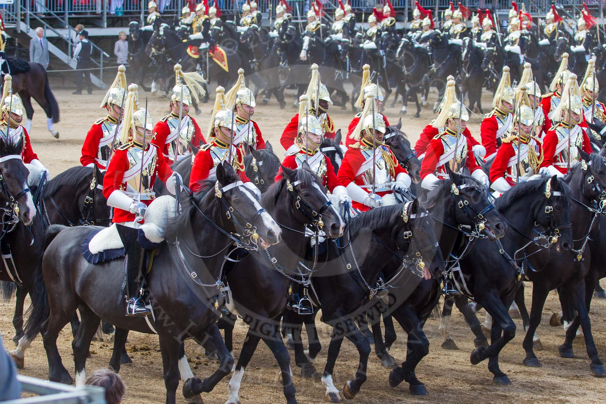 The Colonel's Review 2013: The First and Second Divisions of the Sovereign's Escort, The Life Guards, during the Ride Past..
Horse Guards Parade, Westminster,
London SW1,

United Kingdom,
on 08 June 2013 at 11:57, image #775