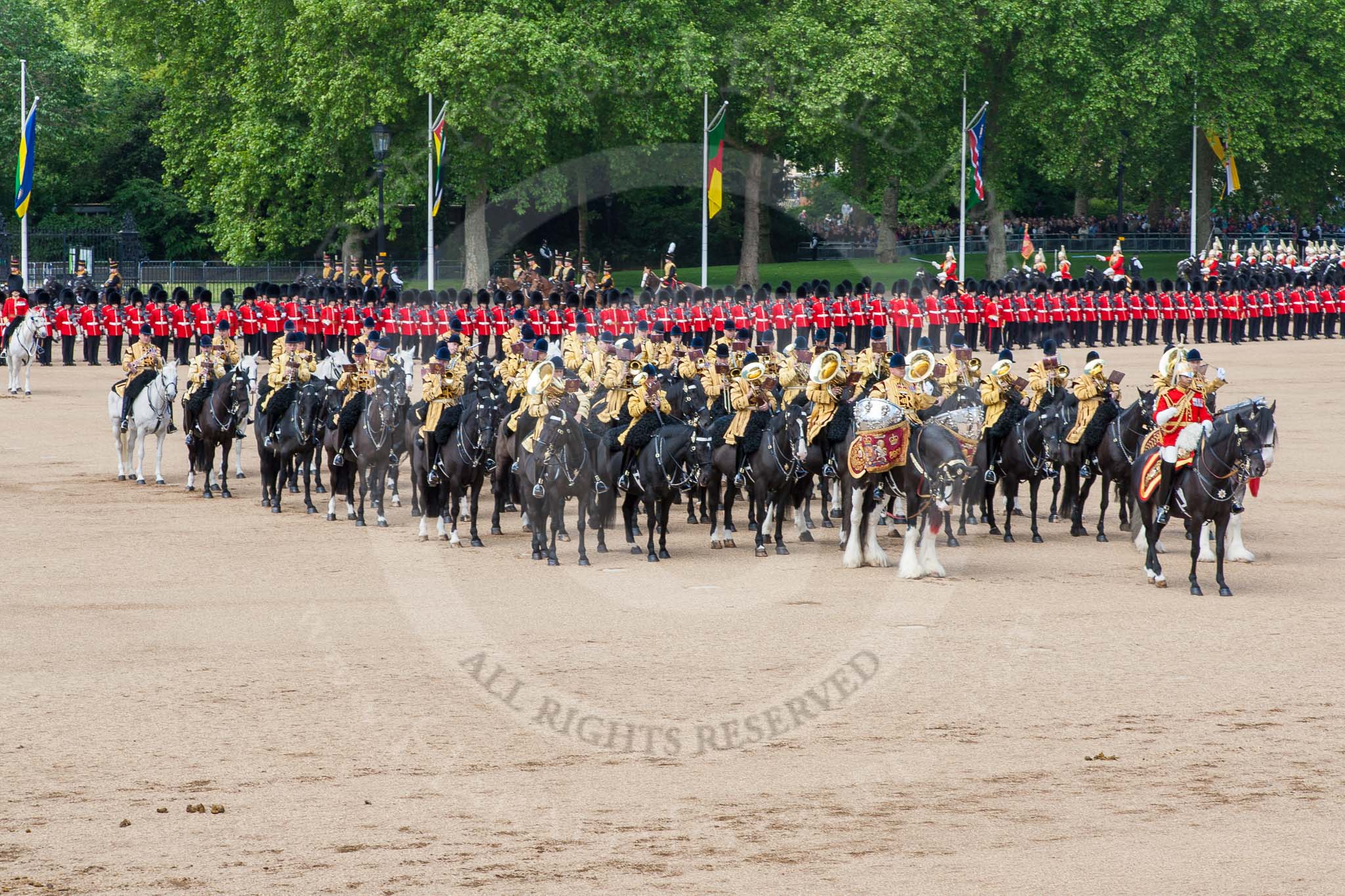 The Colonel's Review 2013: The Mounted Bands of the Household Cavalry during the Ride Past. The Director of Music of the Household Cavalry, Major Paul Wilman, The Life Guards..
Horse Guards Parade, Westminster,
London SW1,

United Kingdom,
on 08 June 2013 at 11:55, image #758