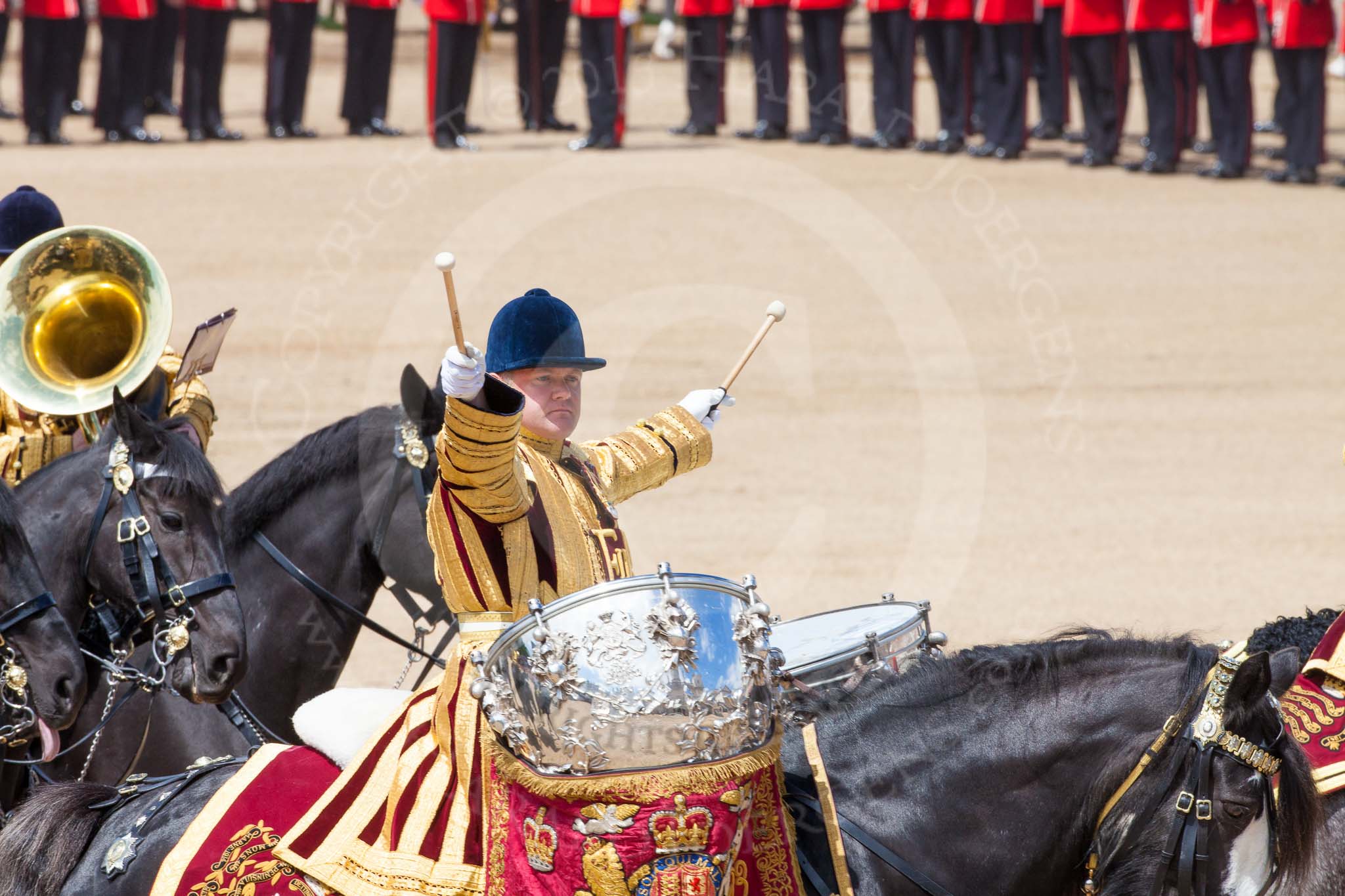 The Colonel's Review 2013: The two kettle drummers, saluting Her Majesty, as the Mounted Bands are about to march off..
Horse Guards Parade, Westminster,
London SW1,

United Kingdom,
on 08 June 2013 at 11:58, image #785