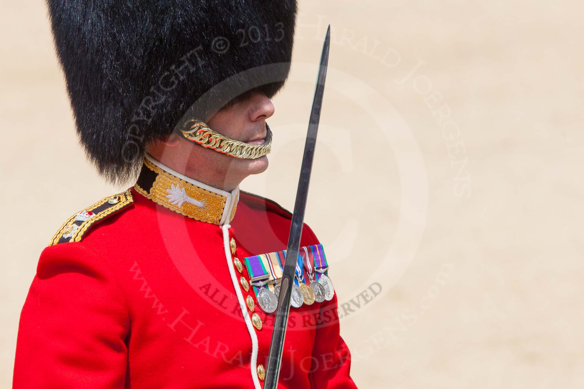 The Colonel's Review 2013: The Field Officer in Brigade Waiting, Lieutenant Colonel Dino Bossi, Welsh Guards, salutes Her Majesty before asking permission to march off..
Horse Guards Parade, Westminster,
London SW1,

United Kingdom,
on 08 June 2013 at 12:06, image #824