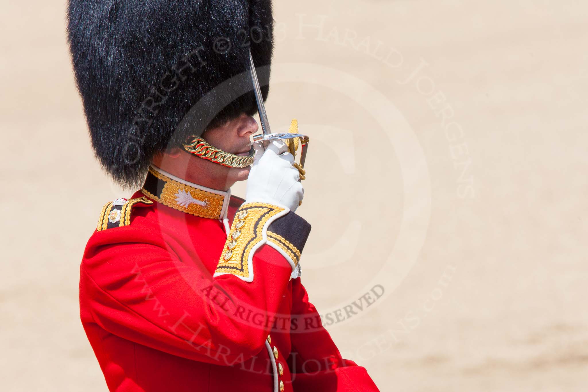 The Colonel's Review 2013: The Field Officer in Brigade Waiting, Lieutenant Colonel Dino Bossi, Welsh Guards, salutes Her Majesty before asking permission to march off..
Horse Guards Parade, Westminster,
London SW1,

United Kingdom,
on 08 June 2013 at 12:06, image #825