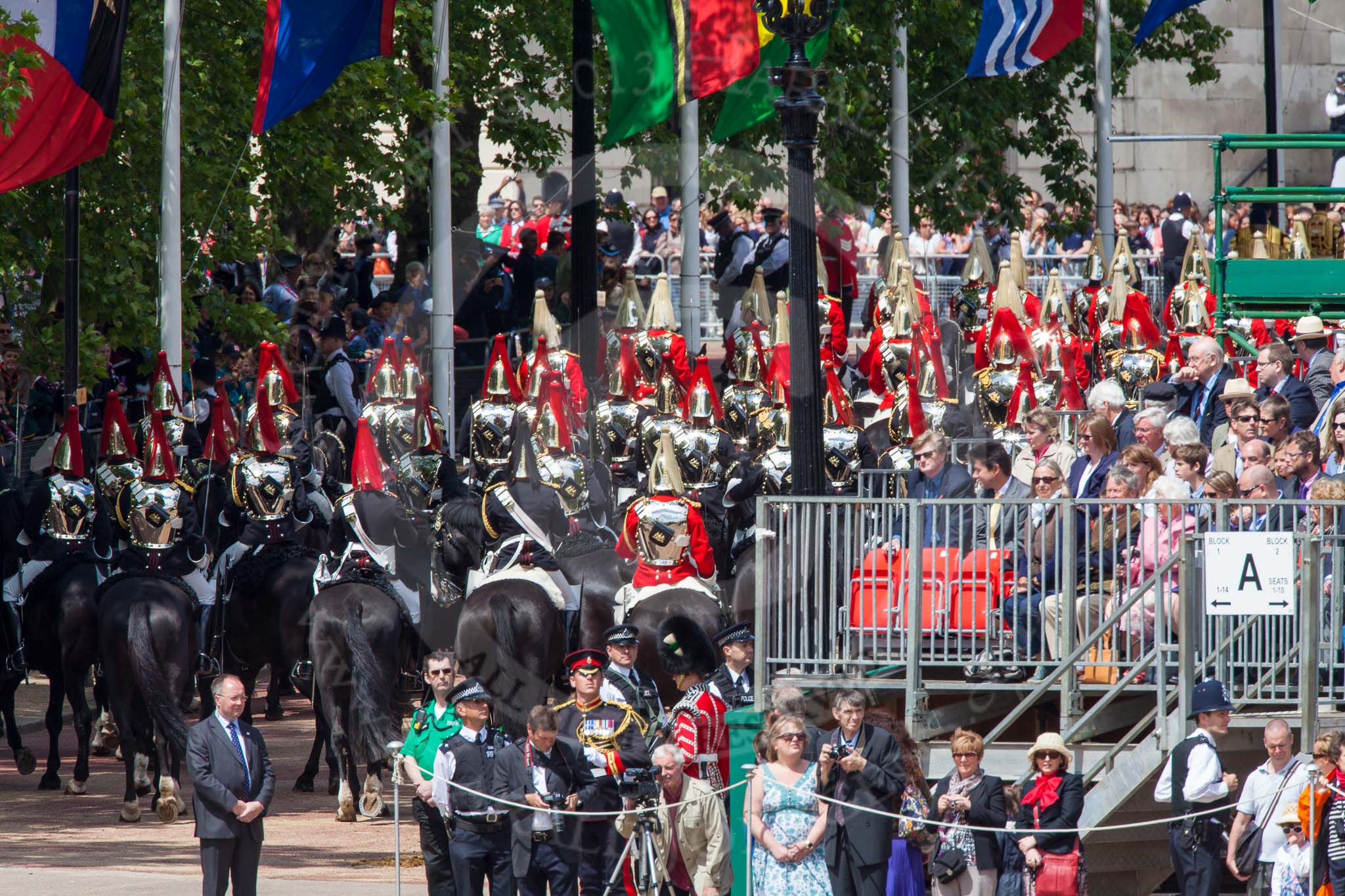 The Colonel's Review 2013: The Household Cavalry is marching off, The Life Guards, and behind them The Blues and Royals, on the way to The Mall..
Horse Guards Parade, Westminster,
London SW1,

United Kingdom,
on 08 June 2013 at 12:07, image #829