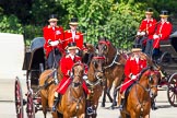 The Colonel's Review 2013: Two grooms leading the group of carriages with members of the Royal Family from Buckingham Palace to Horse Guards Building..
Horse Guards Parade, Westminster,
London SW1,

United Kingdom,
on 08 June 2013 at 10:50, image #221