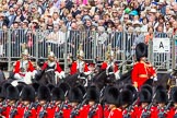 The Colonel's Review 2013: Leading the Royal Procession, Brigade Major Household Division Lieutenant Colonel Simon Soskin, Grenadier Guards, followed by four Troopers of The Life Guards, are marching past No. 6 Guard on the eastern side of Horse Guards Parade..
Horse Guards Parade, Westminster,
London SW1,

United Kingdom,
on 08 June 2013 at 10:56, image #245