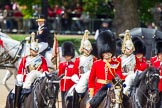 The Colonel's Review 2013: The Brigade Major Household Division Lieutenant Colonel Simon Soskin, Grenadier Guards, followed by the four Troopers of The Life Guard, after the Inspection of the Line..
Horse Guards Parade, Westminster,
London SW1,

United Kingdom,
on 08 June 2013 at 11:05, image #379