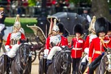 The Colonel's Review 2013: The Brigade Major Household Division Lieutenant Colonel Simon Soskin, Grenadier Guards, followed by the four Troopers of The Life Guard, after the Inspection of the Line..
Horse Guards Parade, Westminster,
London SW1,

United Kingdom,
on 08 June 2013 at 11:05, image #380