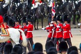 The Colonel's Review 2013: No. 1 Guard (Escort for the Colour),1st Battalion Welsh Guards, at the beginning of the March Past in Quick Time. Behind them The Blues and Royals of the Household Cavalry. The Field Officer returns to the head of the march past..
Horse Guards Parade, Westminster,
London SW1,

United Kingdom,
on 08 June 2013 at 11:40, image #676