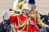 The Colonel's Review 2013: The Mounted Bands of the Household Cavalry during the Ride Past. The Director of Music of the Household Cavalry, Major Paul Wilman, The Life Guards is followed by the kettle drummer from The Life Guards..
Horse Guards Parade, Westminster,
London SW1,

United Kingdom,
on 08 June 2013 at 11:55, image #757