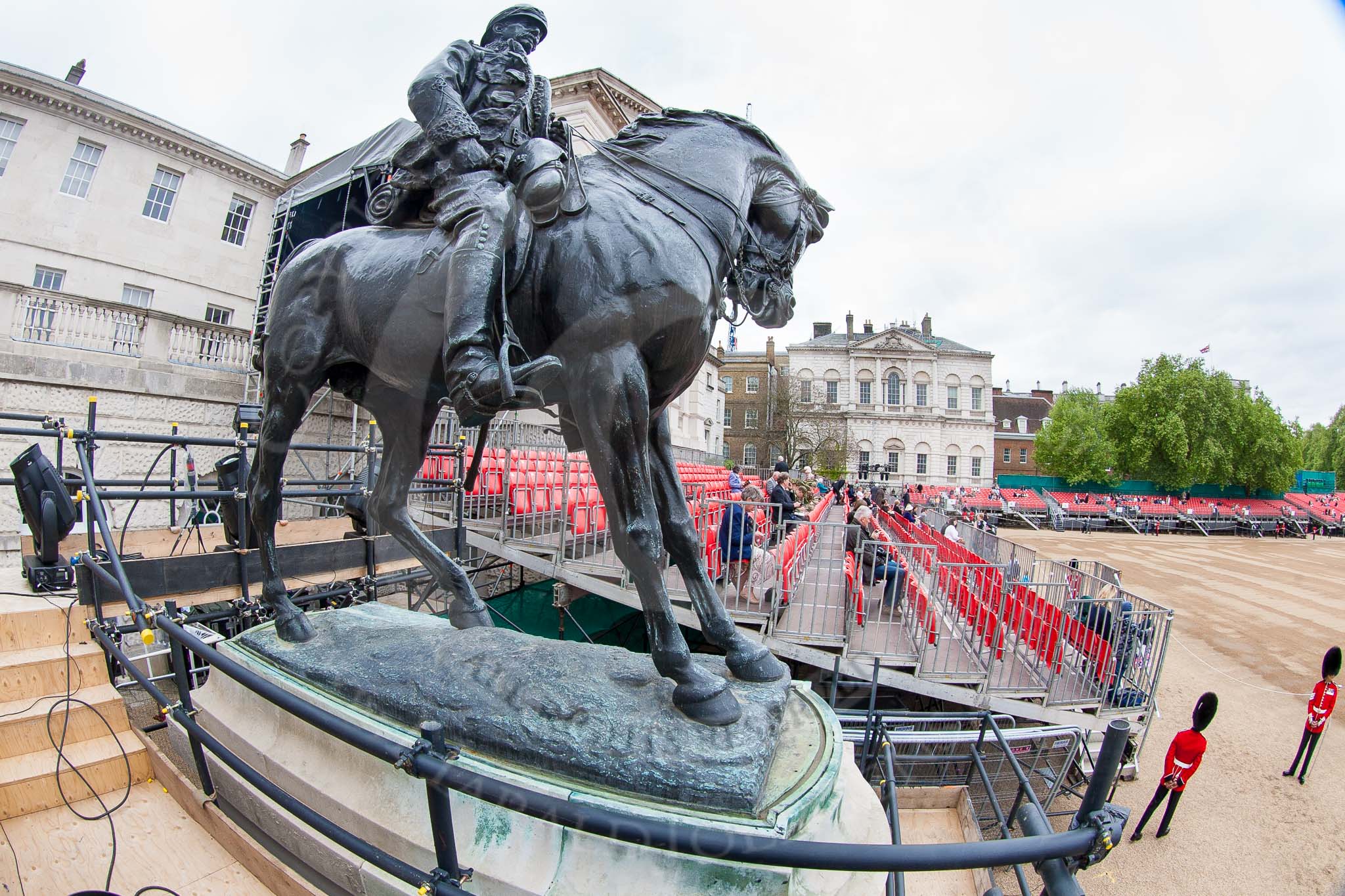 Major General's Review 2013: The equestrian statue of Field Marshal Frederick Sleigh Roberts on the western side of Horse Guards Parade, with the stand for the media built around it..
Horse Guards Parade, Westminster,
London SW1,

United Kingdom,
on 01 June 2013 at 09:27, image #7