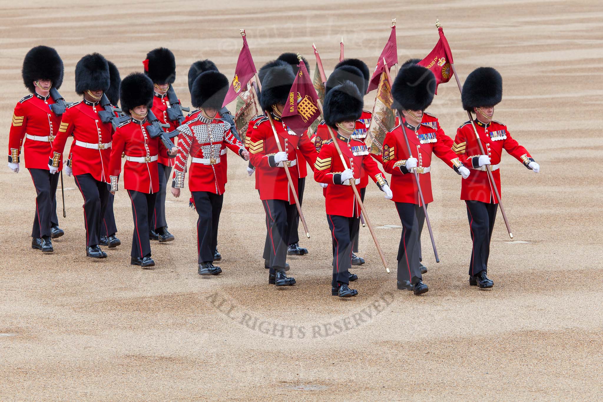 Major General's Review 2013: The 'Keepers of the Ground', guardsmen bearing marker flags for their respective regiments,march on to Horse Guards Parade..
Horse Guards Parade, Westminster,
London SW1,

United Kingdom,
on 01 June 2013 at 09:54, image #20