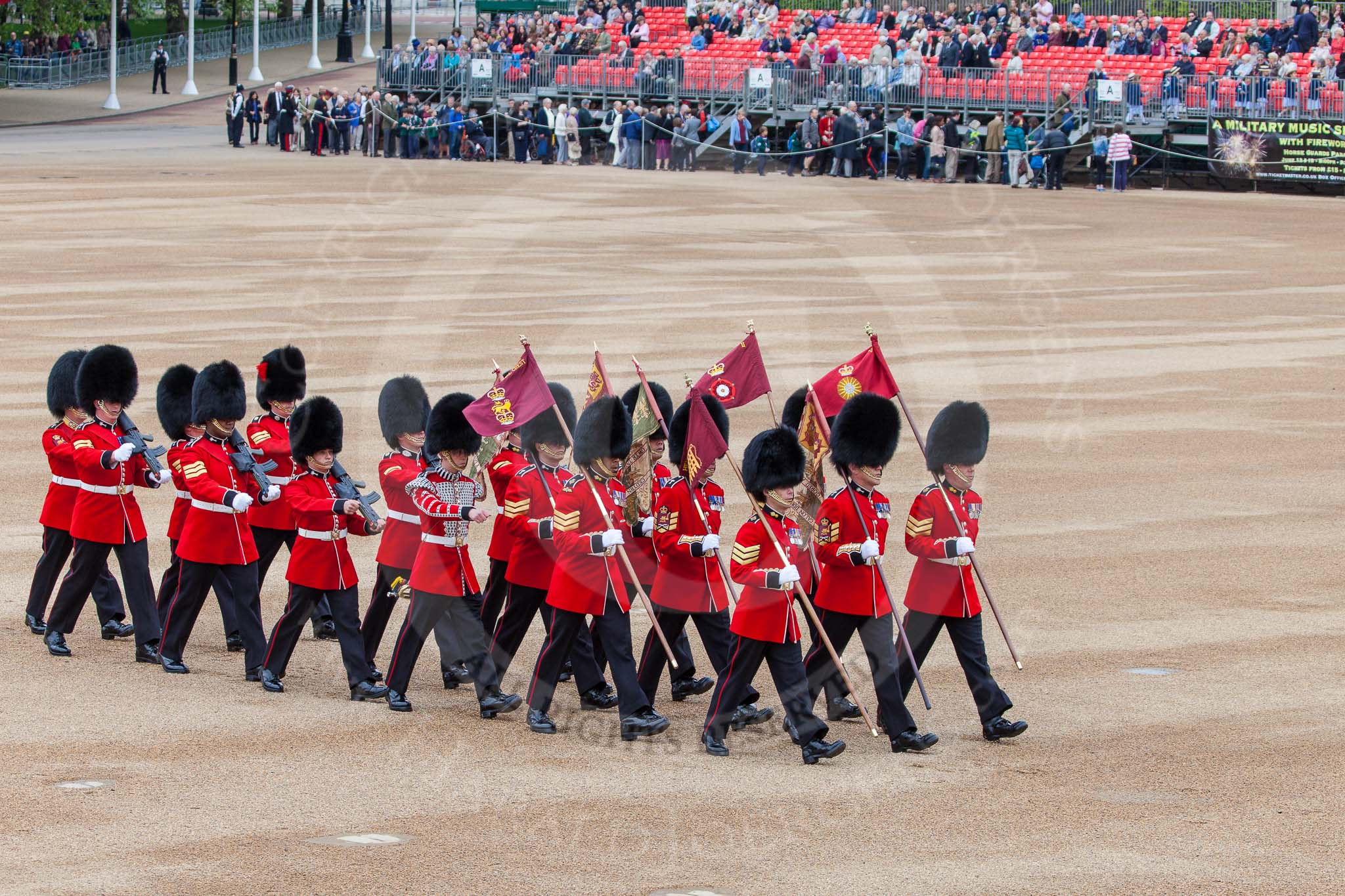 Major General's Review 2013: The 'Keepers of the Ground', guardsmen bearing marker flags for their respective regiments,march on to Horse Guards Parade..
Horse Guards Parade, Westminster,
London SW1,

United Kingdom,
on 01 June 2013 at 09:54, image #21