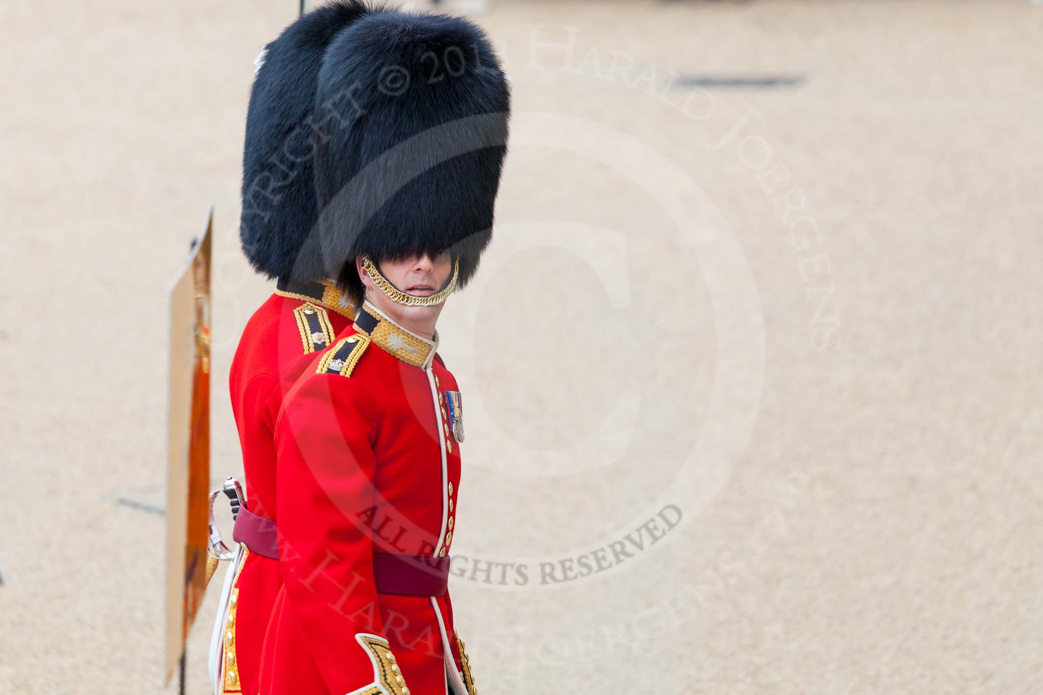 Major General's Review 2013: Major H S Llewelyn-Usher and Second Lieutenant A J N Smith, No. 3 Guard, 1st Battalion Welsh Guards, following the Keepers of the Ground to Horse Guards Arch..
Horse Guards Parade, Westminster,
London SW1,

United Kingdom,
on 01 June 2013 at 09:59, image #22