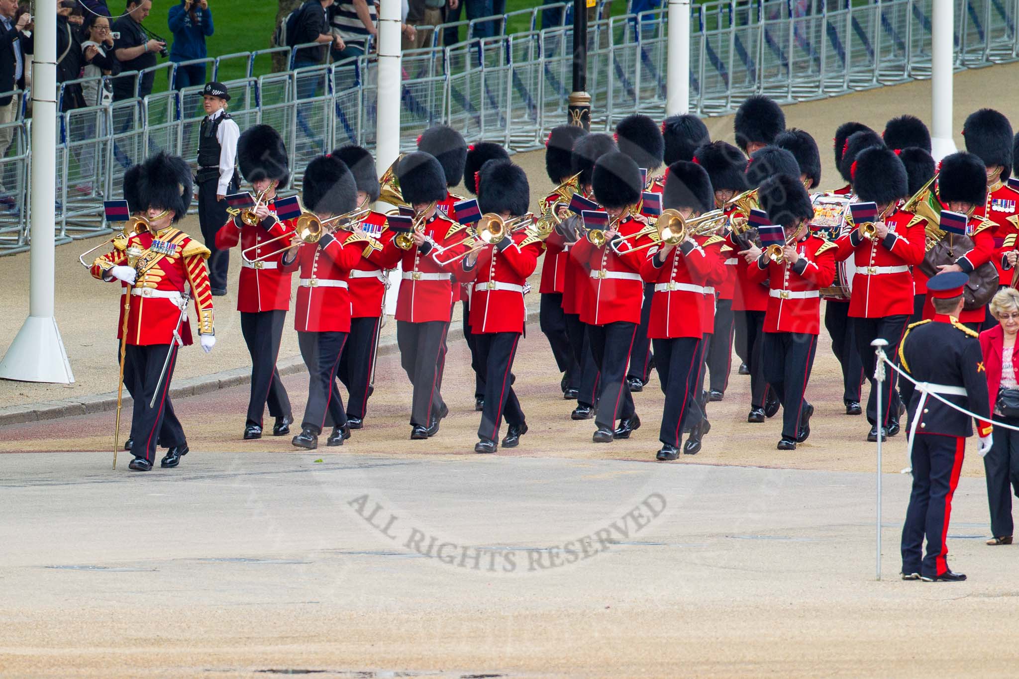 Major General's Review 2013: The first of the bands marching down Horse Guards Road from The Mall - the Band of the Coldstream Guards, lead by Senior Drum Major Matthew Betts, Grenadier Guards..
Horse Guards Parade, Westminster,
London SW1,

United Kingdom,
on 01 June 2013 at 10:12, image #36